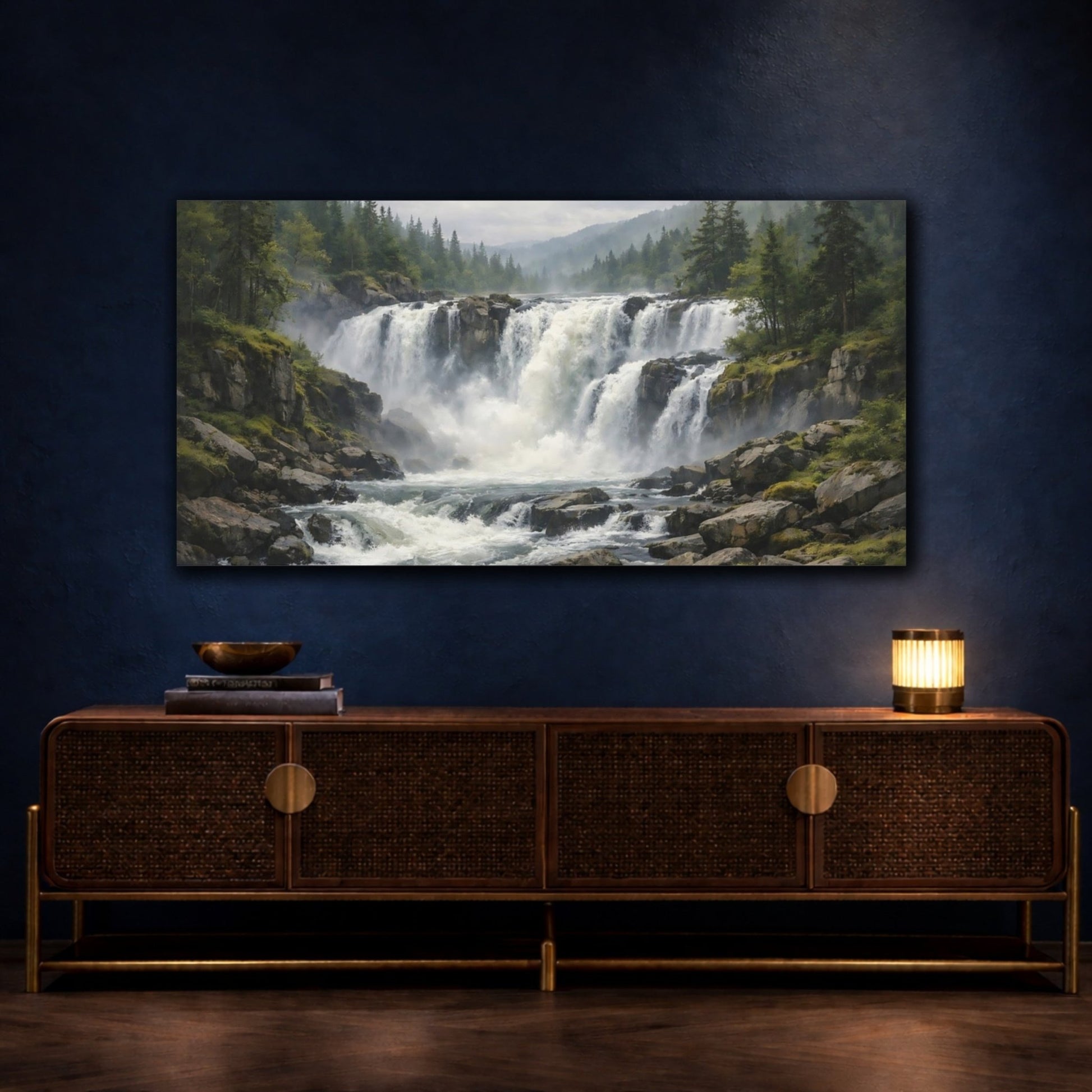 Nature Waterfall Green And Grey - Canvas Wall Art Print - YesArtYes