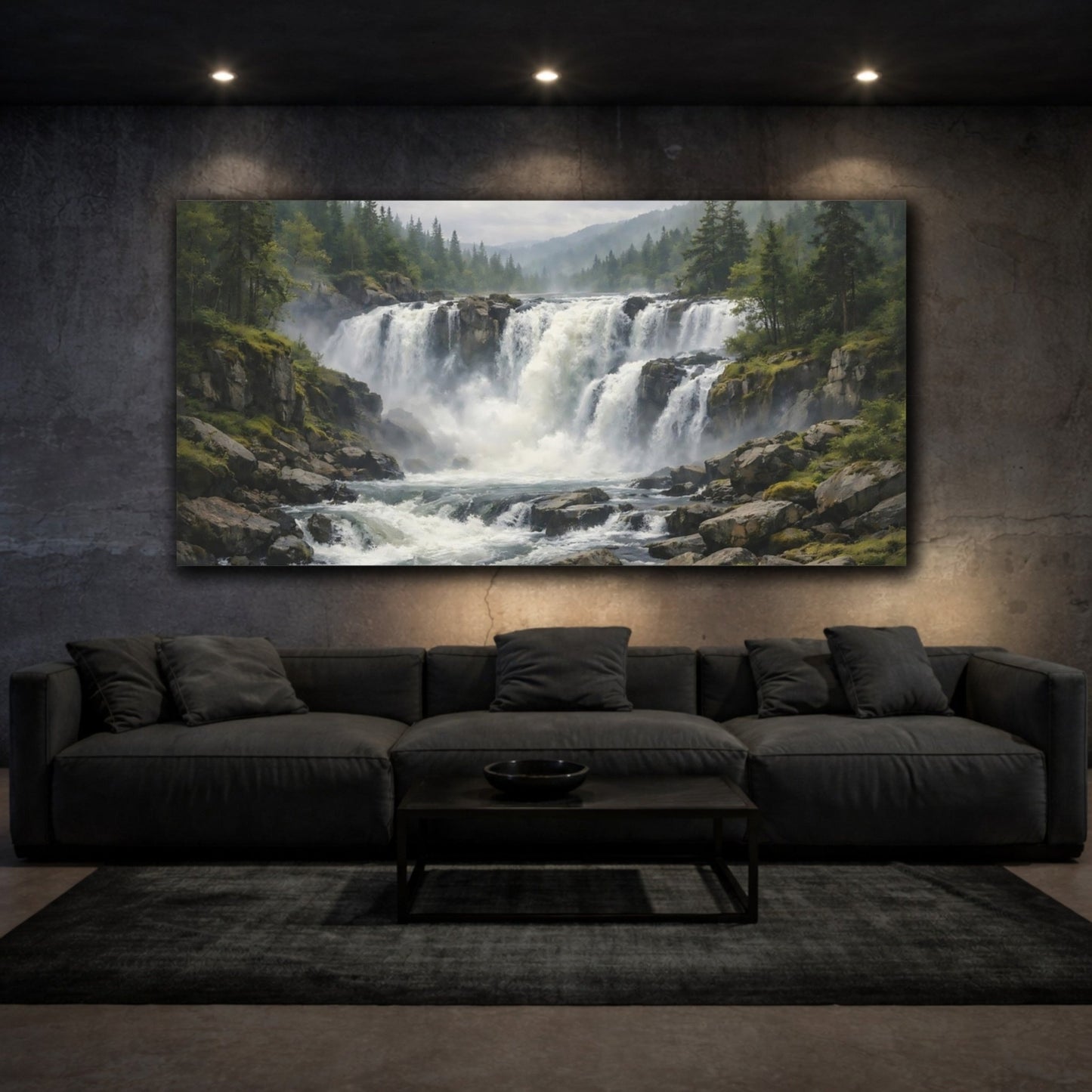 Nature Waterfall Green And Grey - Canvas Wall Art Print - YesArtYes