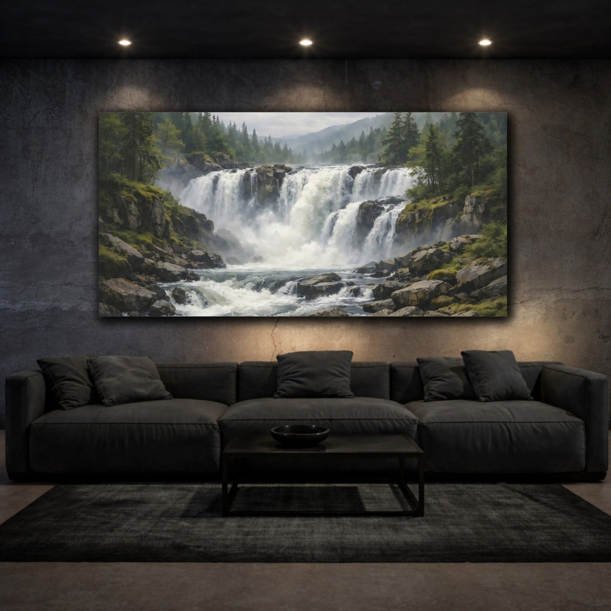 Nature Waterfall Green And Grey - Canvas Wall Art Print - YesArtYes