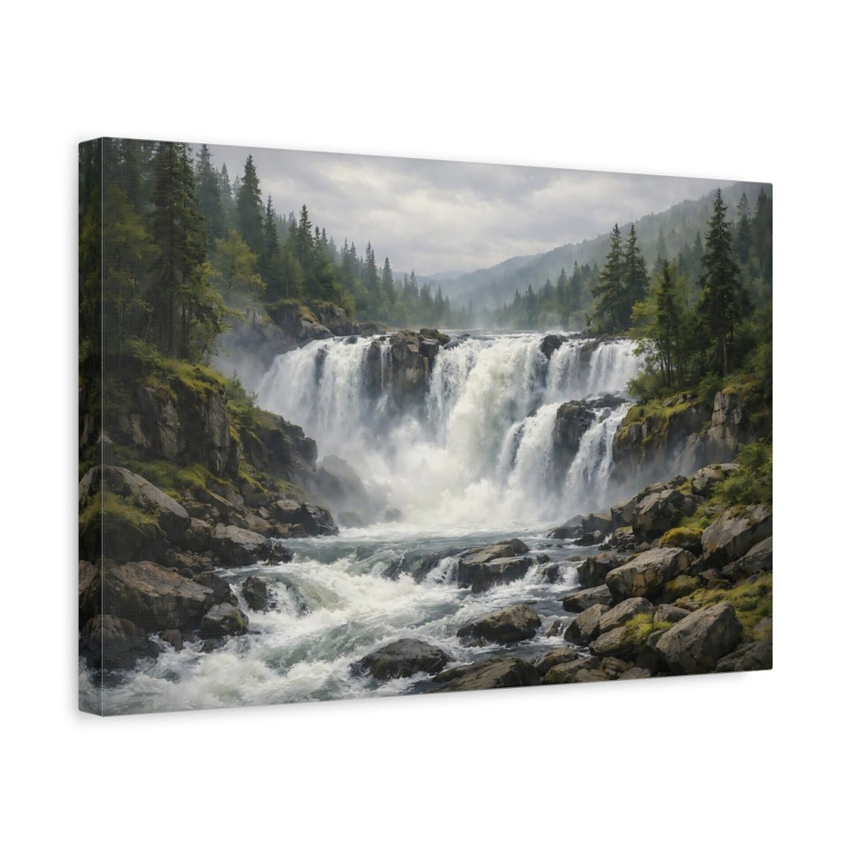 Nature Waterfall Green And Grey Landscape - Canvas Wall Art Print - YesArtYes