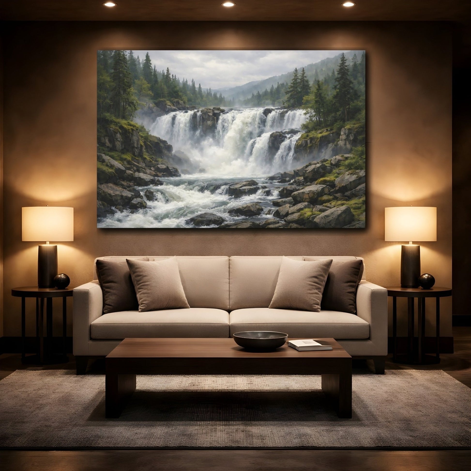 Nature Waterfall Green And Grey Landscape - Canvas Wall Art Print - YesArtYes