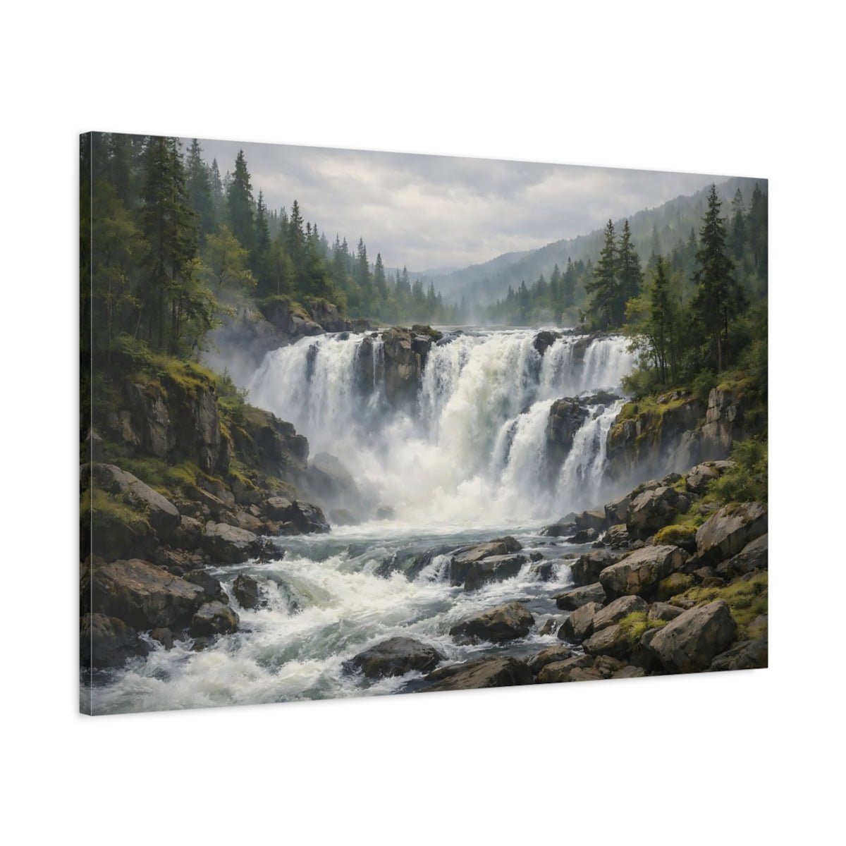 Nature Waterfall Green And Grey Landscape - Canvas Wall Art Print - YesArtYes