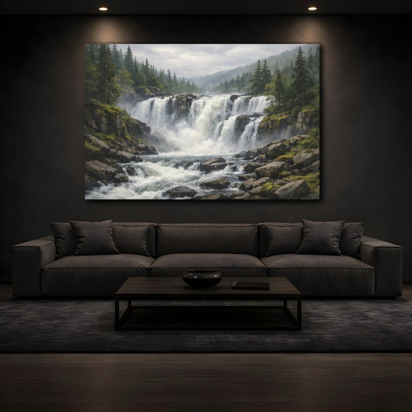 Nature Waterfall Green And Grey Landscape - Canvas Wall Art Print - YesArtYes