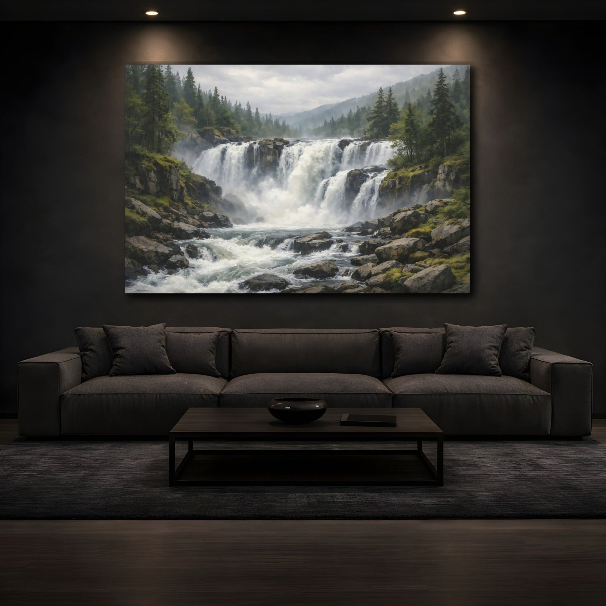 Nature Waterfall Green And Grey Landscape - Canvas Wall Art Print - YesArtYes