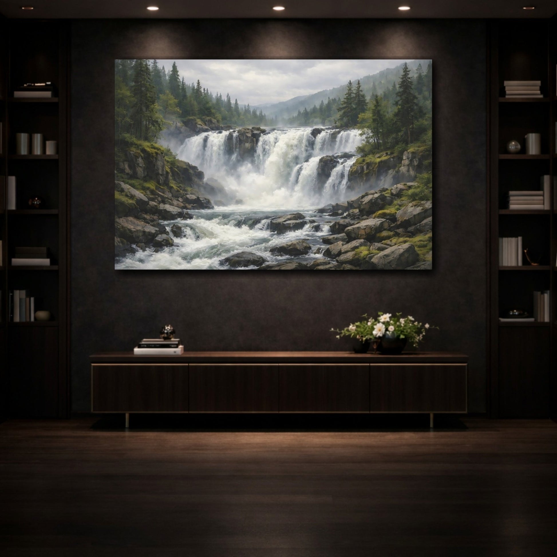Nature Waterfall Green And Grey Landscape - Canvas Wall Art Print - YesArtYes
