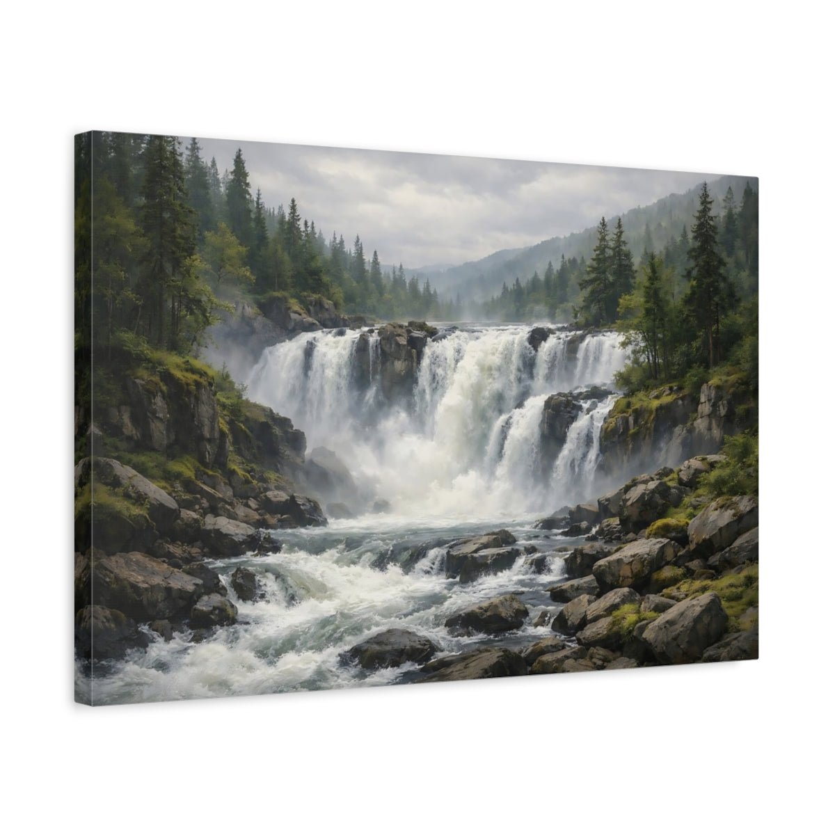 Nature Waterfall Green And Grey Landscape - Canvas Wall Art Print - YesArtYes