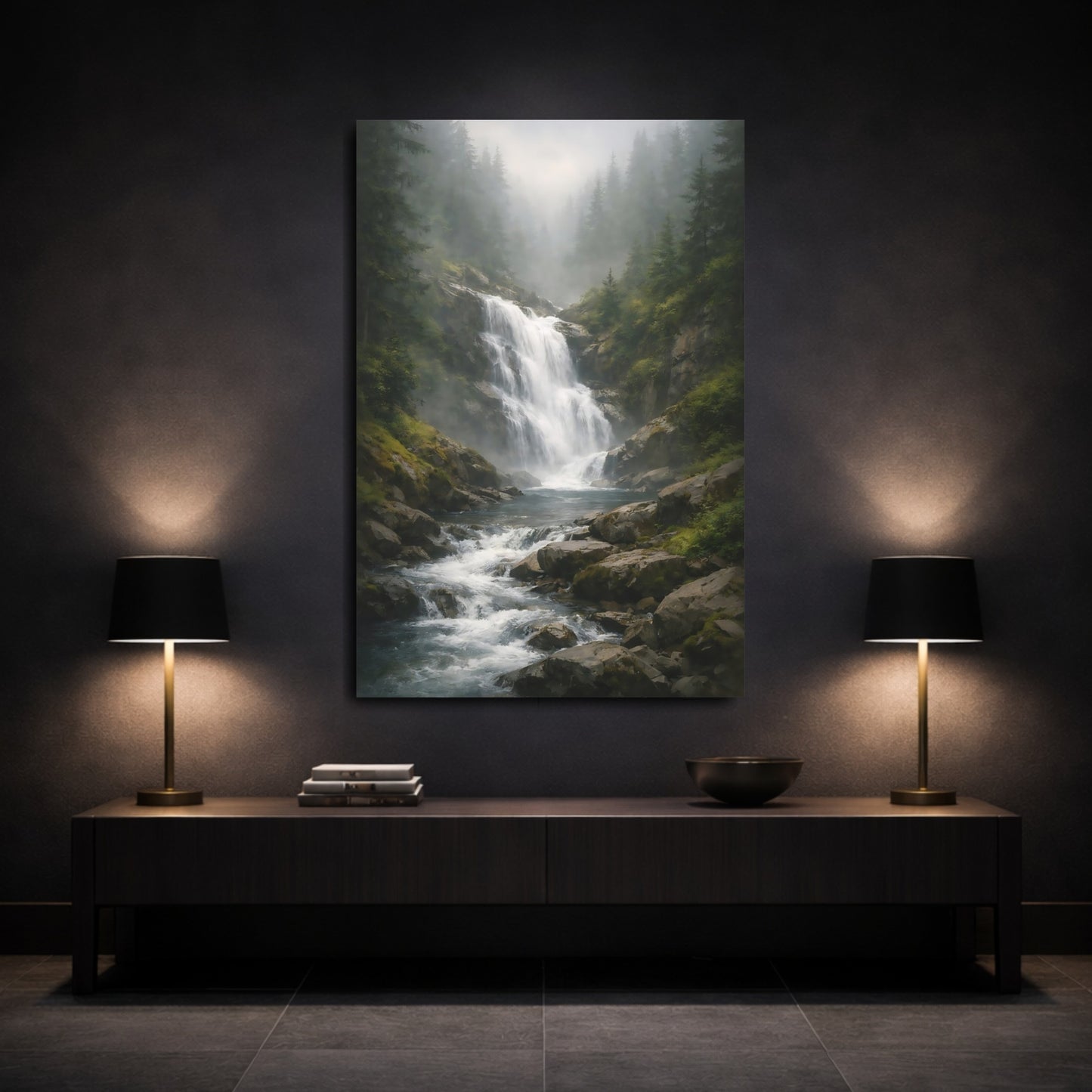 Mockup 2. Nature Waterfall Green And Grey shown as stretched canvas wall art