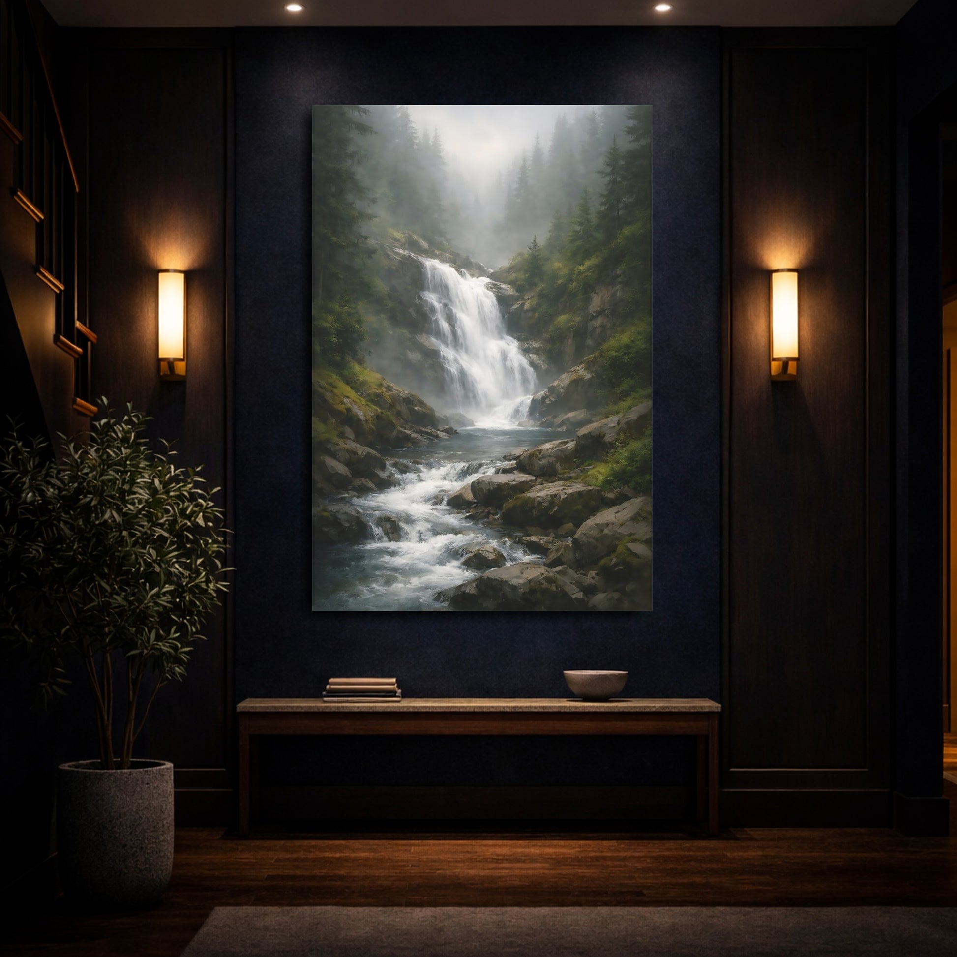 Mockup 3. Nature Waterfall Green And Grey shown as stretched canvas wall art
