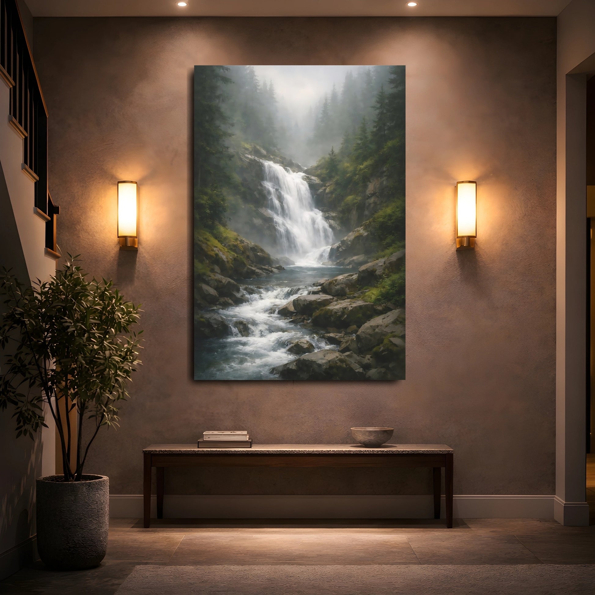 Mockup 4. Nature Waterfall Green And Grey shown as stretched canvas wall art