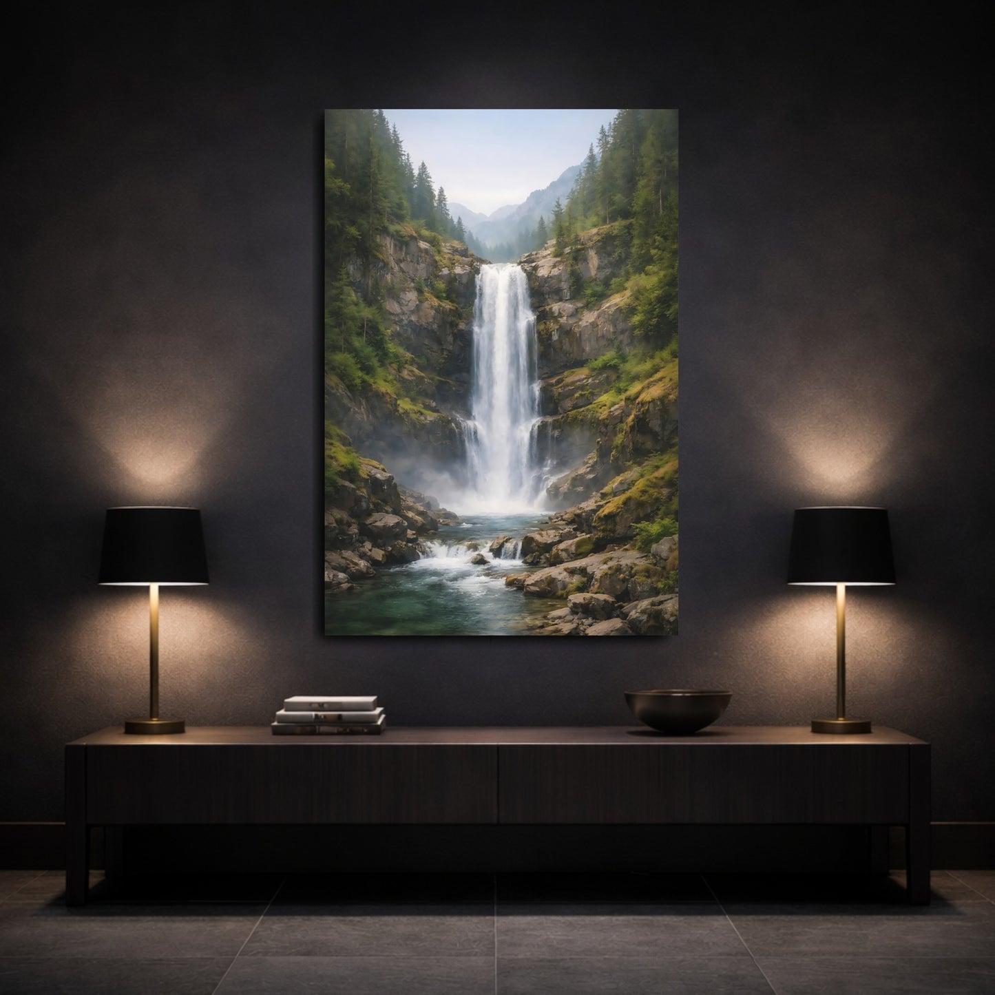 Mockup 2. Nature Waterfall Green Blue Waterfall shown as stretched canvas wall art