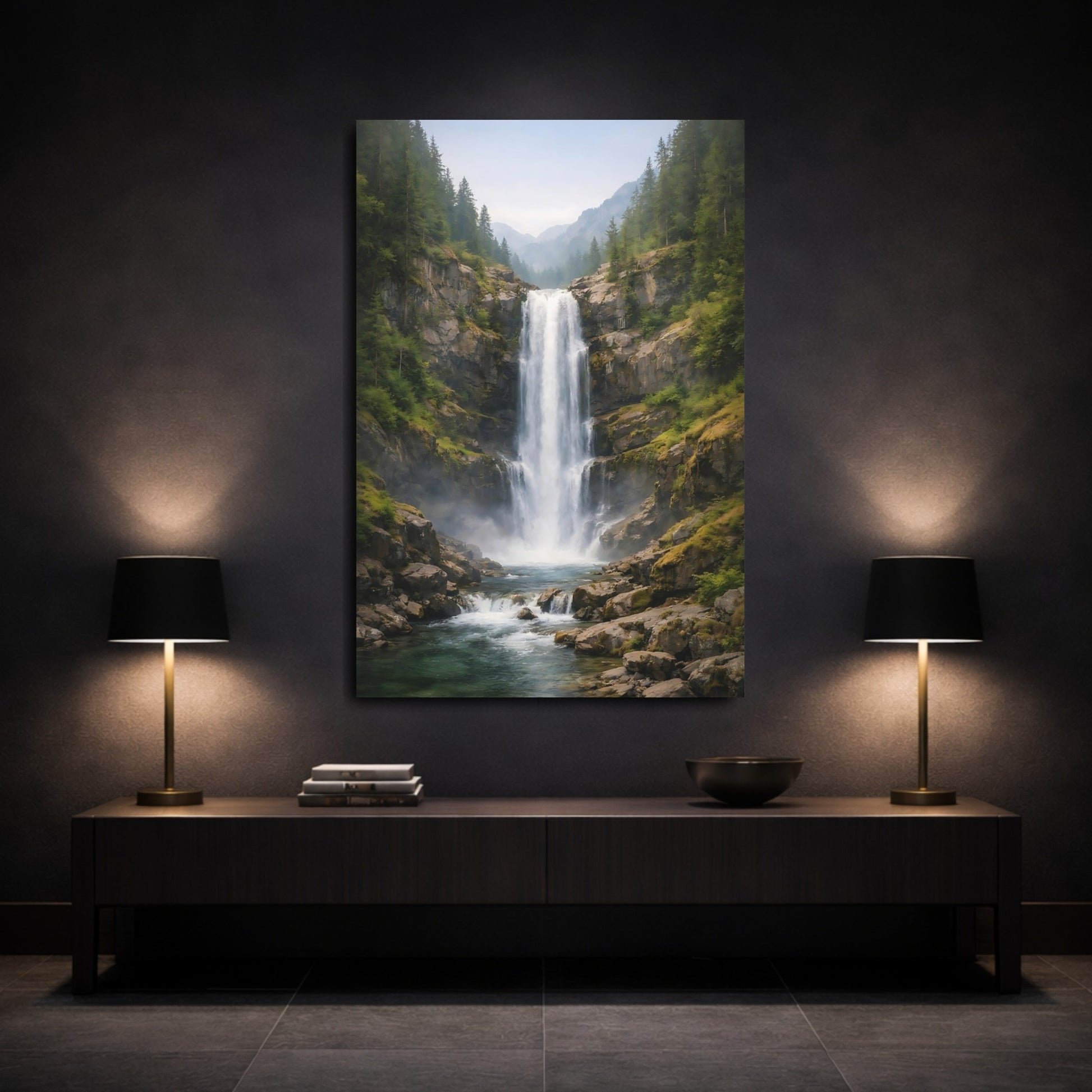 Mockup 2. Nature Waterfall Green Blue Waterfall shown as stretched canvas wall art