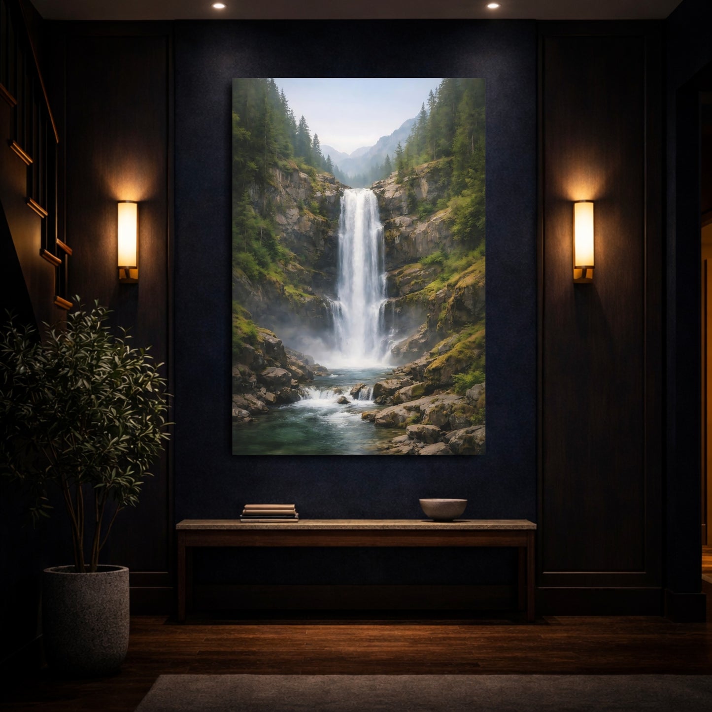 Mockup 3. Nature Waterfall Green Blue Waterfall shown as stretched canvas wall art