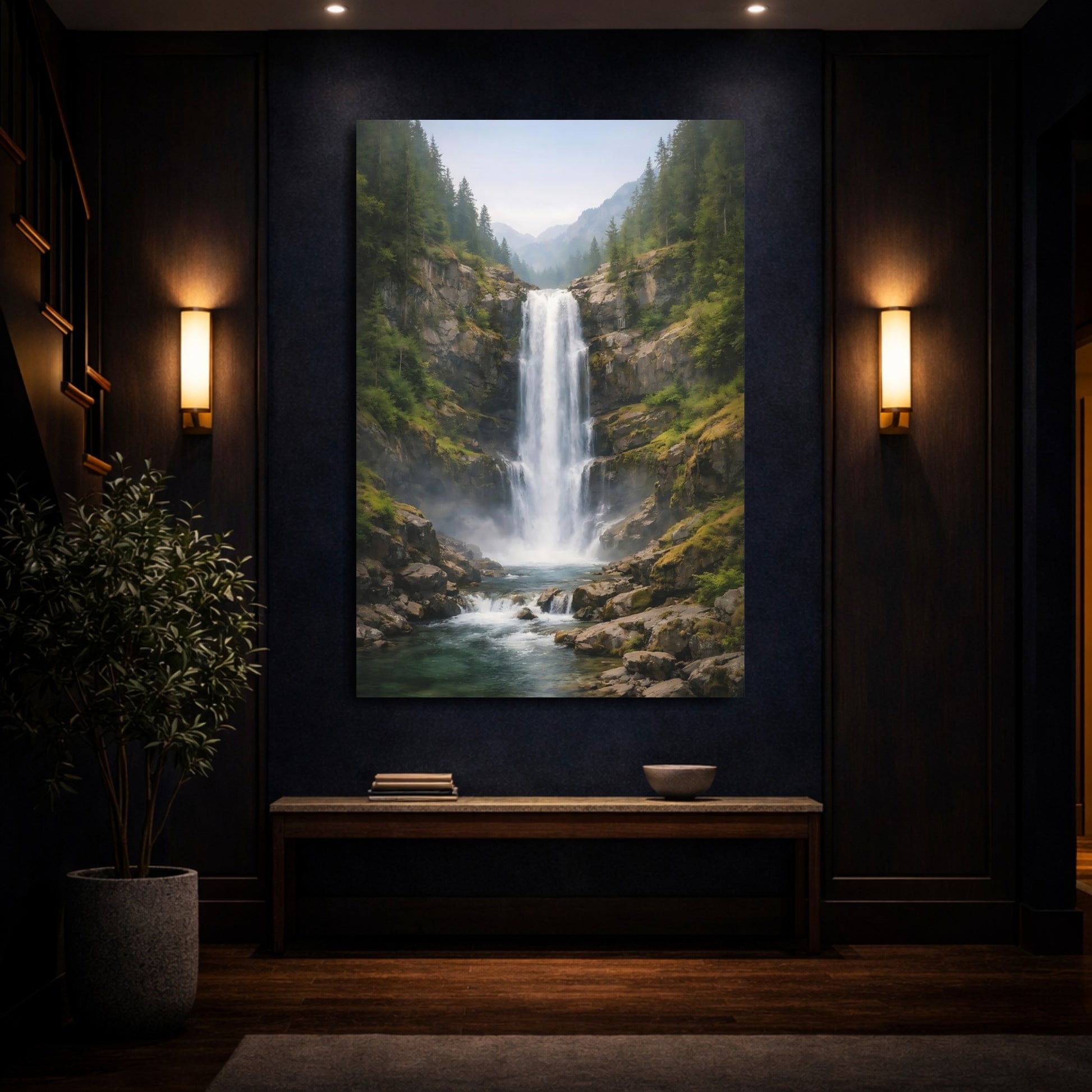 Mockup 3. Nature Waterfall Green Blue Waterfall shown as stretched canvas wall art