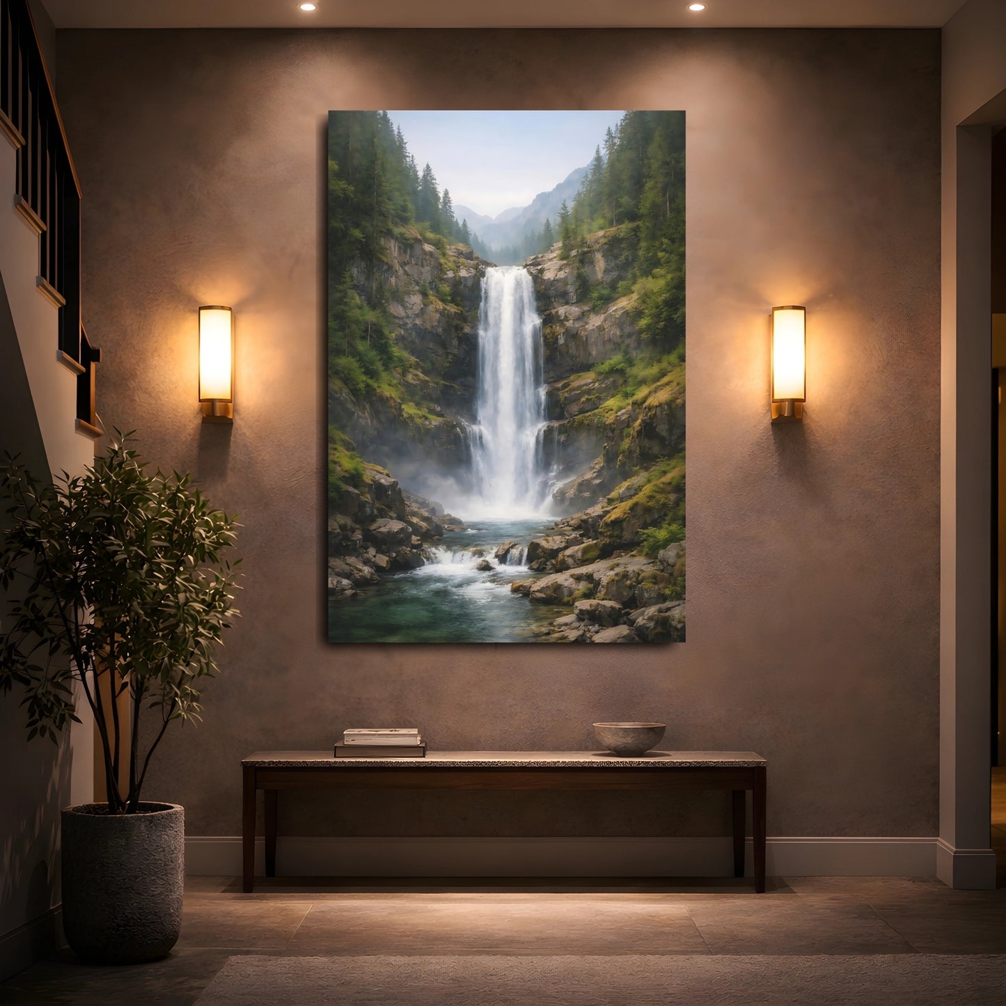 Mockup 4. Nature Waterfall Green Blue Waterfall shown as stretched canvas wall art