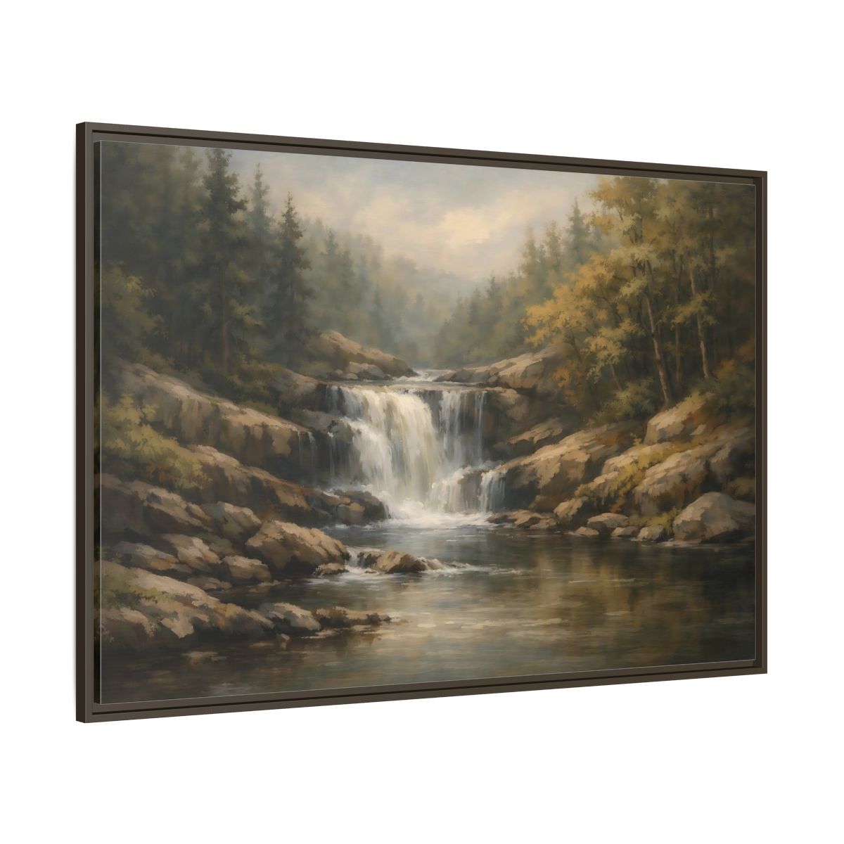 Main Mockup. Nature Waterfall Green Brown Landscape shown as stretched canvas wall art