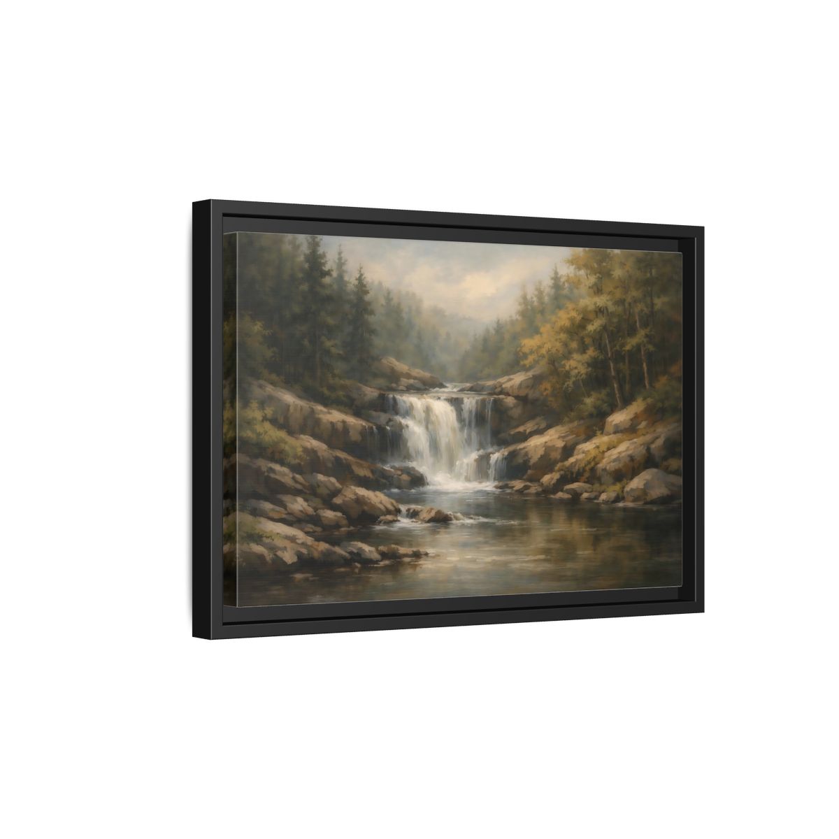 Side Mockup 6. Nature Waterfall Green Brown Landscape shown as stretched canvas wall art