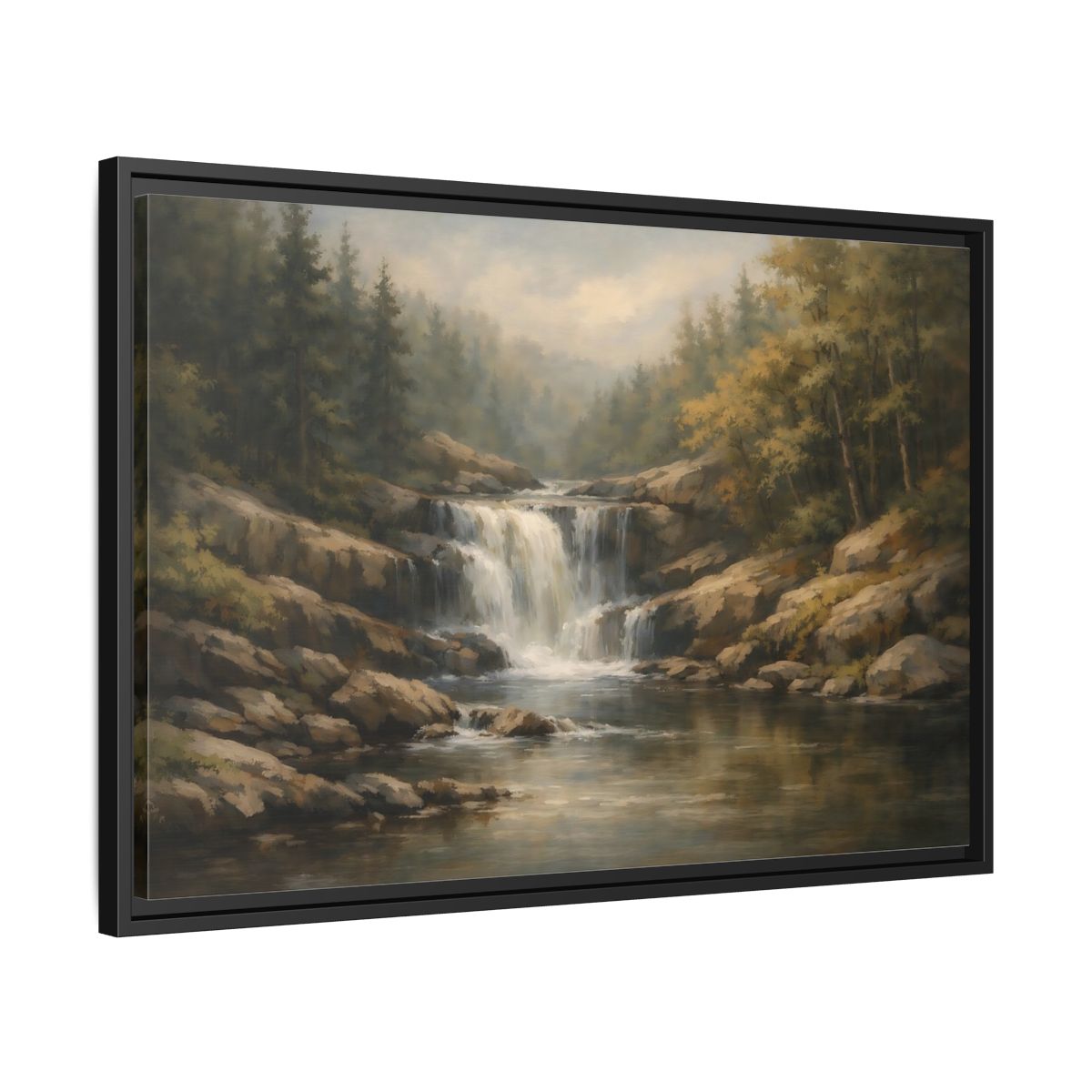 Side Mockup 14. Nature Waterfall Green Brown Landscape shown as stretched canvas wall art