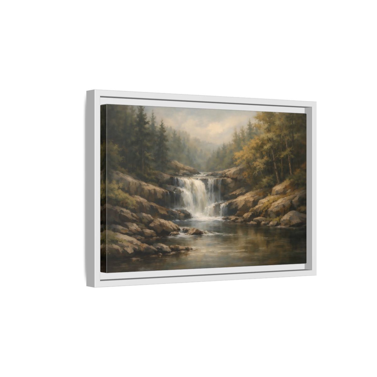 Side Mockup 4. Nature Waterfall Green Brown Landscape shown as stretched canvas wall art