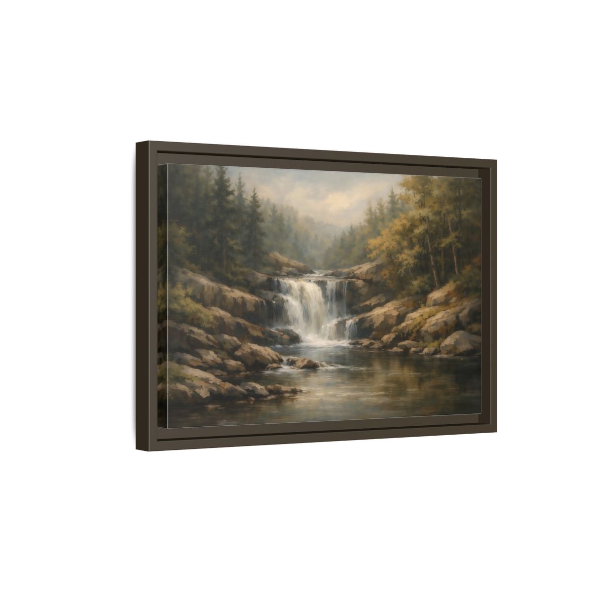 Side Mockup 5. Nature Waterfall Green Brown Landscape shown as stretched canvas wall art