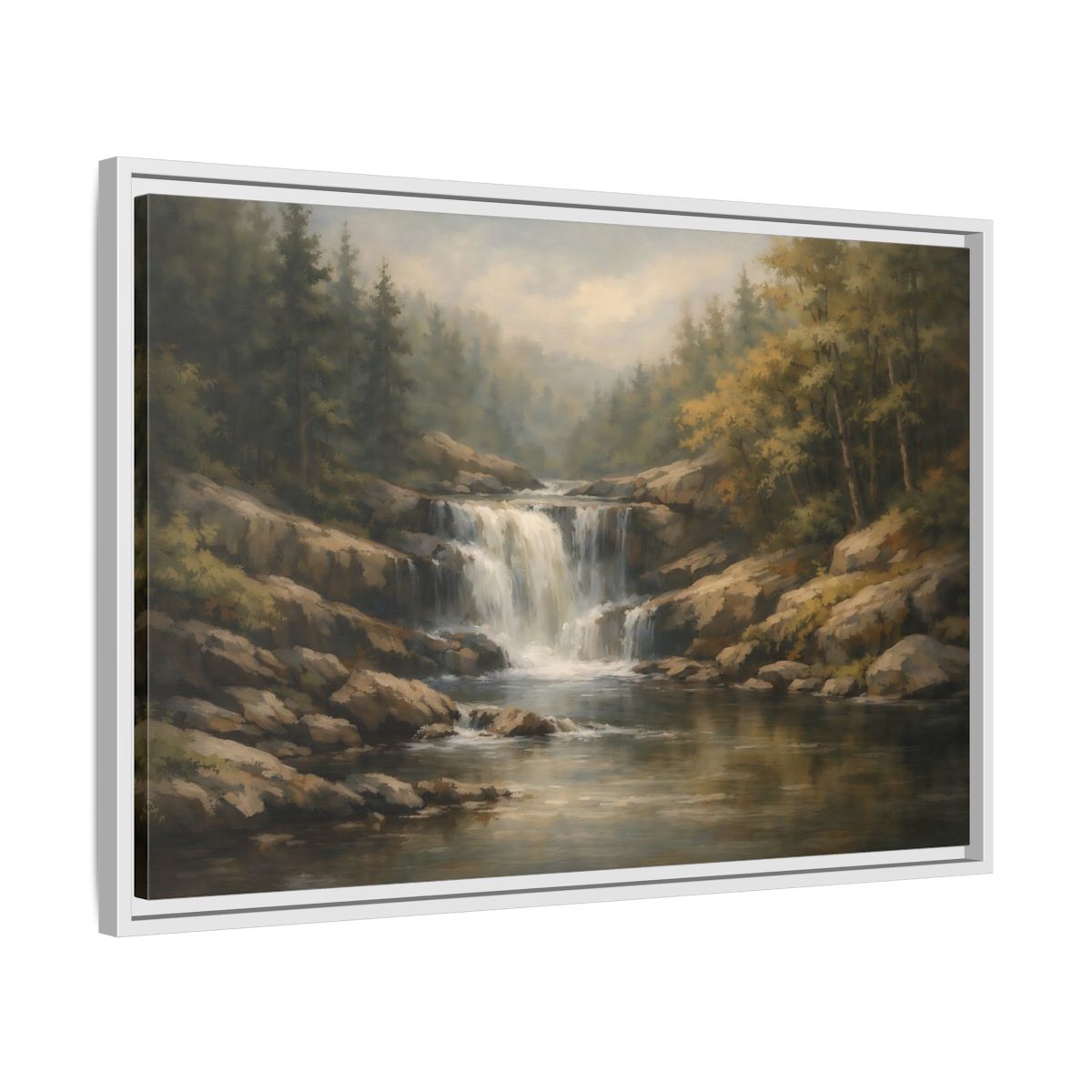 Side Mockup 10. Nature Waterfall Green Brown Landscape shown as stretched canvas wall art