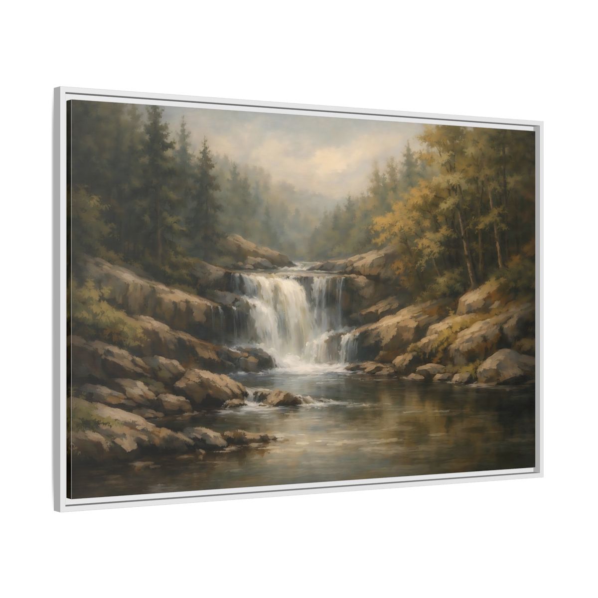Side Mockup 7. Nature Waterfall Green Brown Landscape shown as stretched canvas wall art