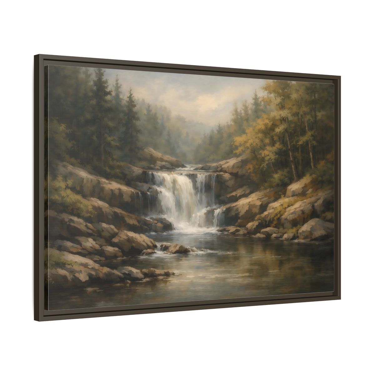 Side Mockup 9. Nature Waterfall Green Brown Landscape shown as stretched canvas wall art