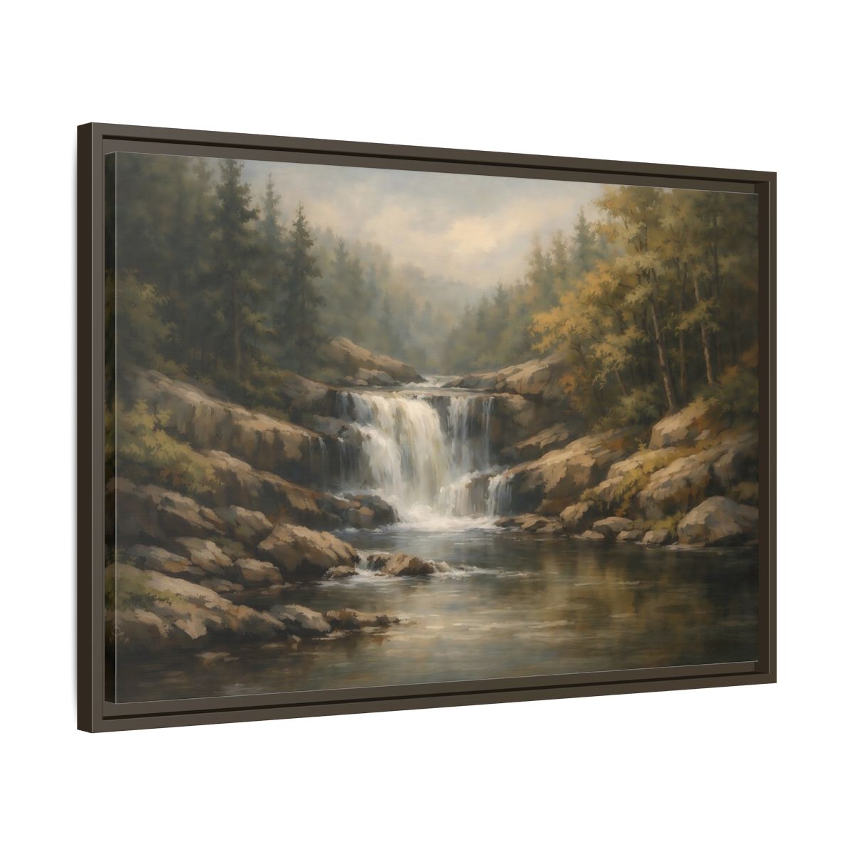 Side Mockup 11. Nature Waterfall Green Brown Landscape shown as stretched canvas wall art