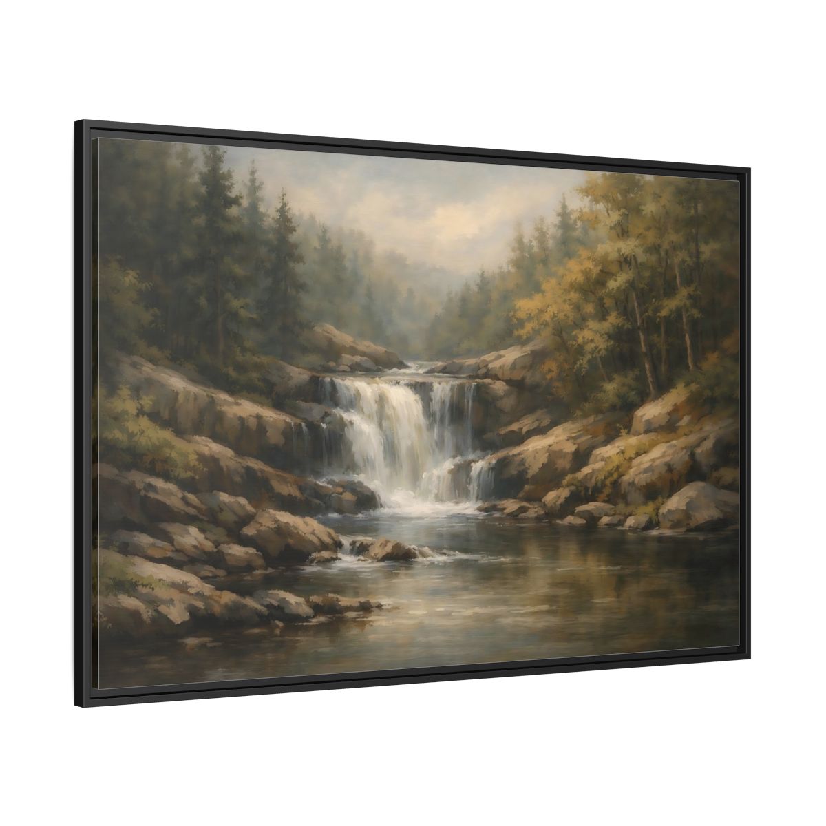 Side Mockup 12. Nature Waterfall Green Brown Landscape shown as stretched canvas wall art