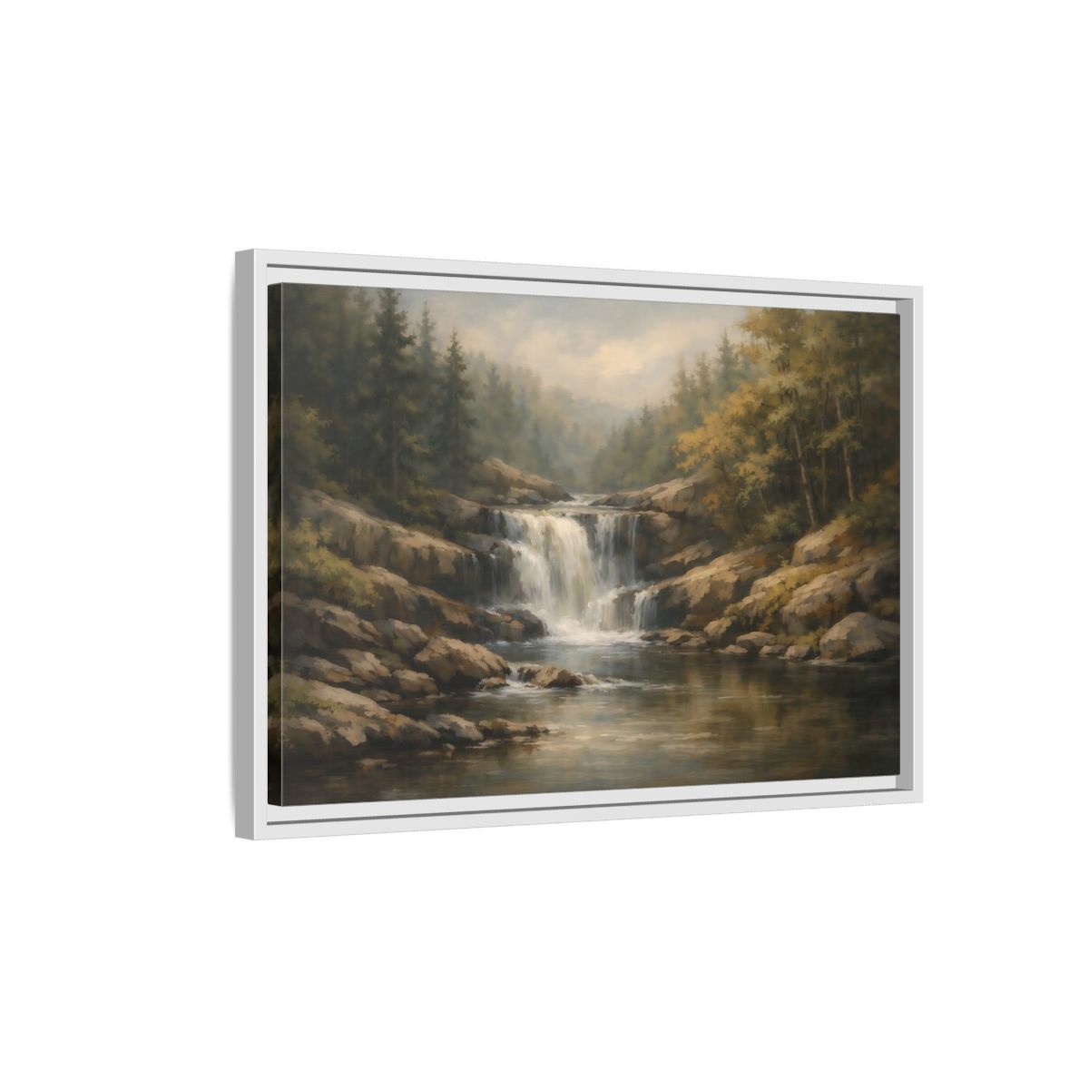 Side Mockup 1. Nature Waterfall Green Brown Landscape shown as stretched canvas wall art