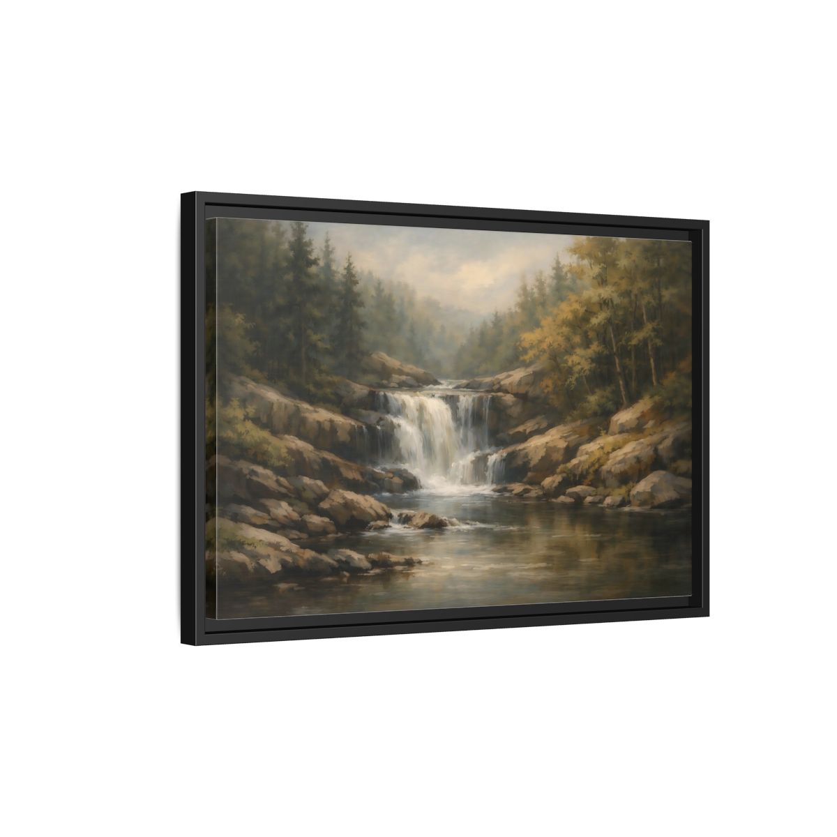 Side Mockup 3. Nature Waterfall Green Brown Landscape shown as stretched canvas wall art