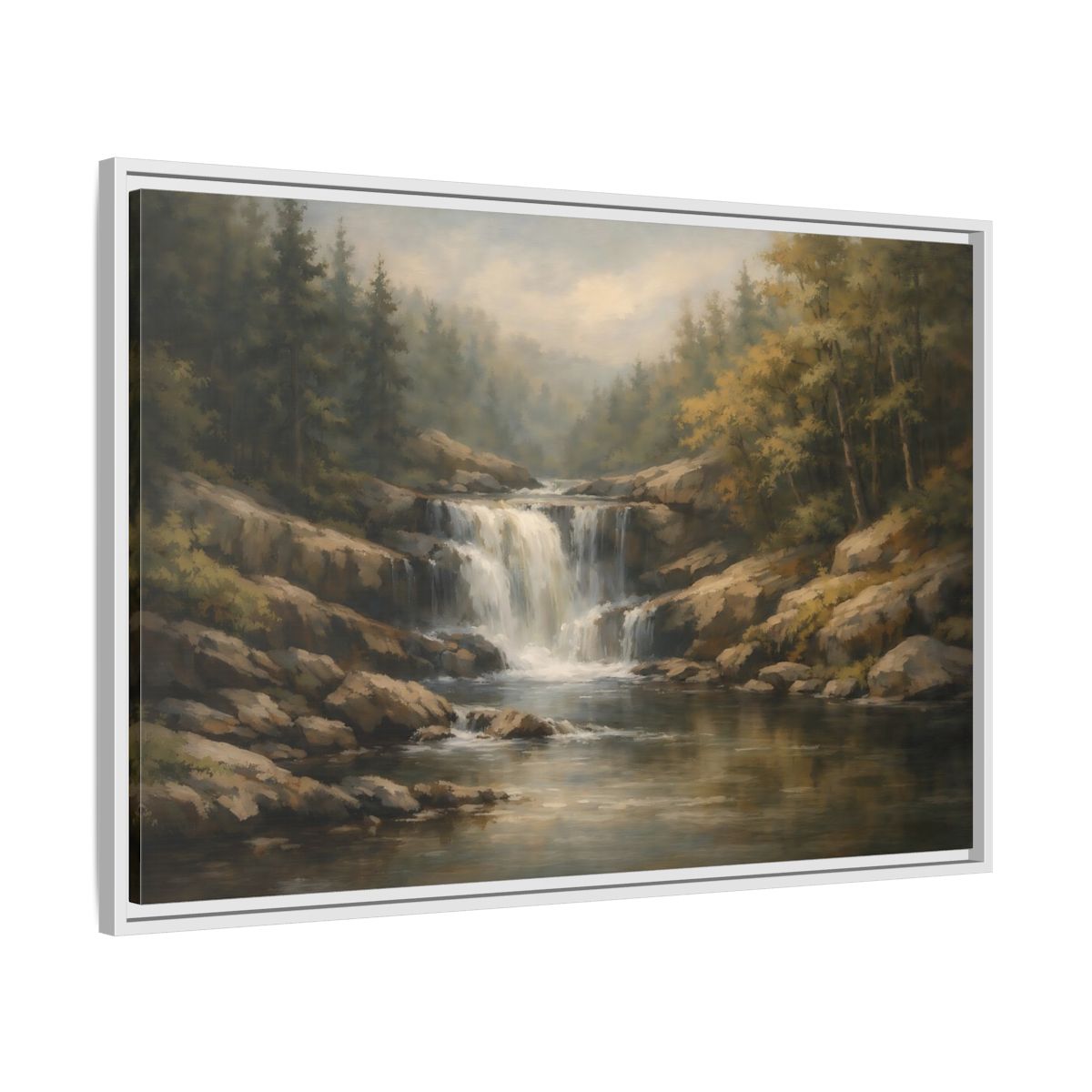 Side Mockup 8. Nature Waterfall Green Brown Landscape shown as stretched canvas wall art