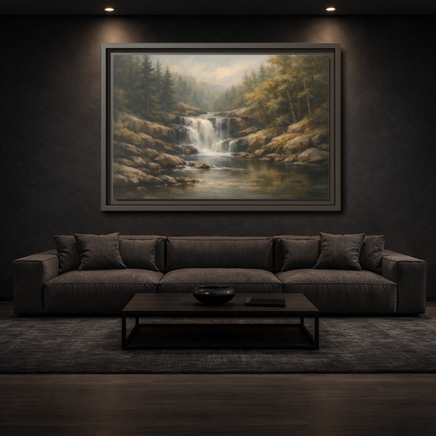 Mockup 2. Nature Waterfall Green Brown Landscape shown as stretched canvas wall art