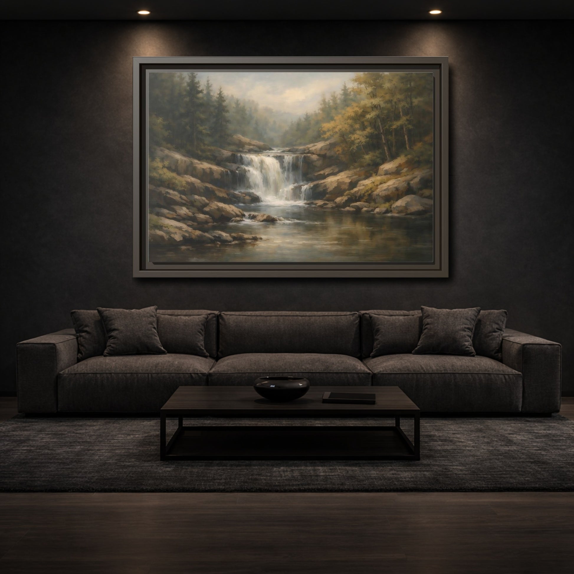 Mockup 2. Nature Waterfall Green Brown Landscape shown as stretched canvas wall art