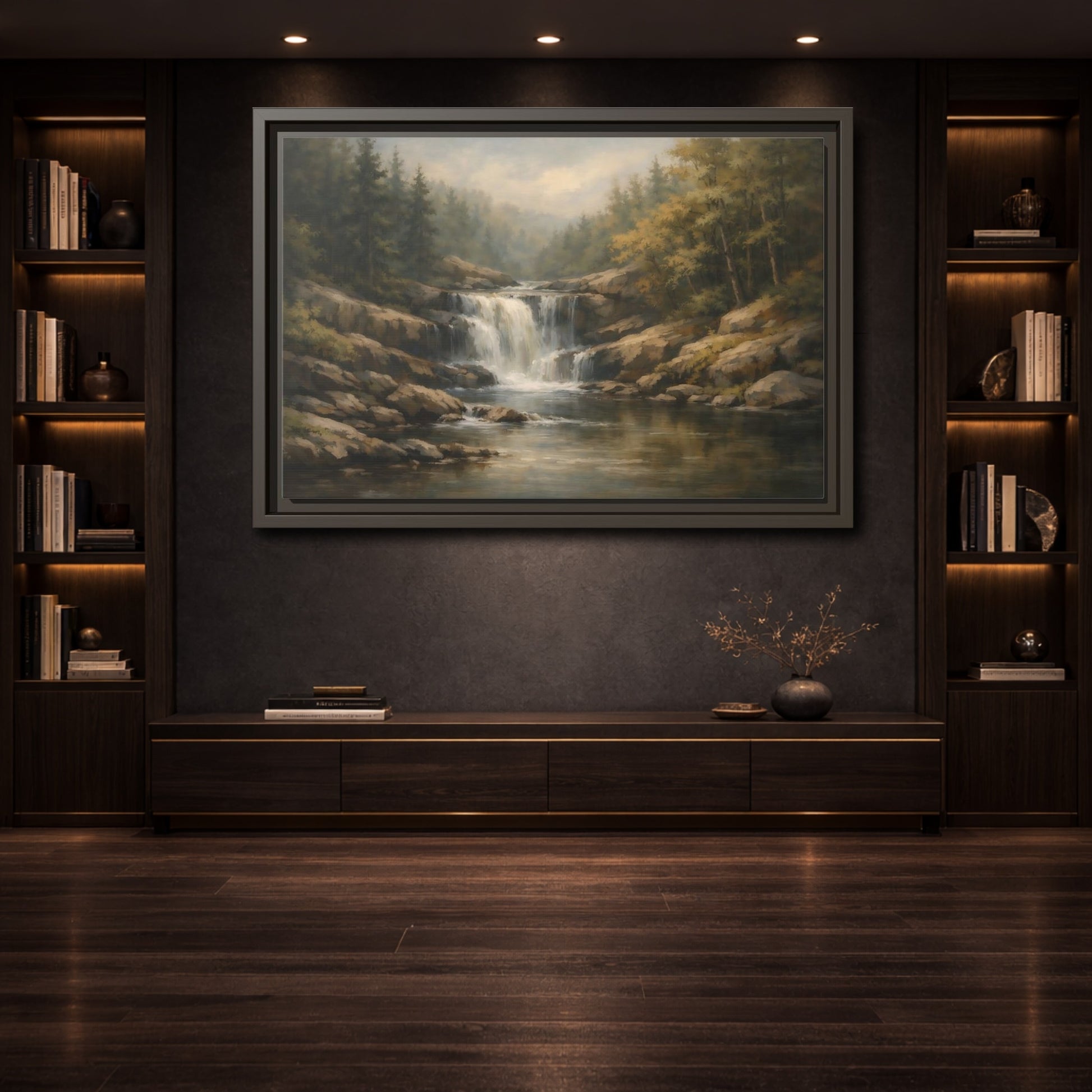Mockup 3. Nature Waterfall Green Brown Landscape shown as stretched canvas wall art