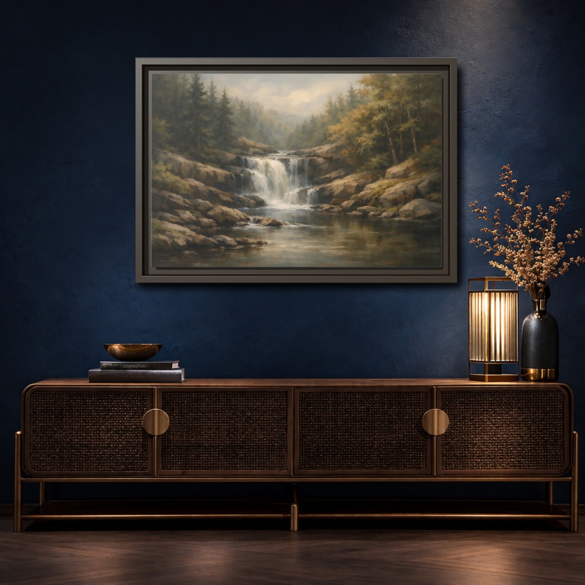 Mockup 4. Nature Waterfall Green Brown Landscape shown as stretched canvas wall art