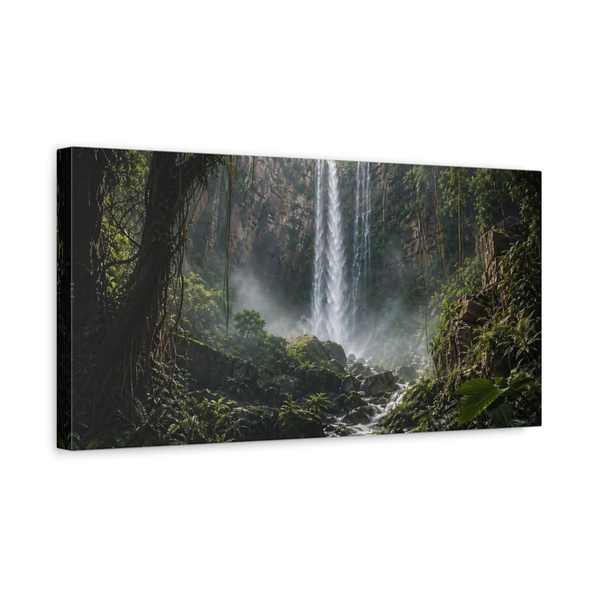 Side Mockup 3. Nature Waterfall Green Waterfall shown as stretched canvas wall art
