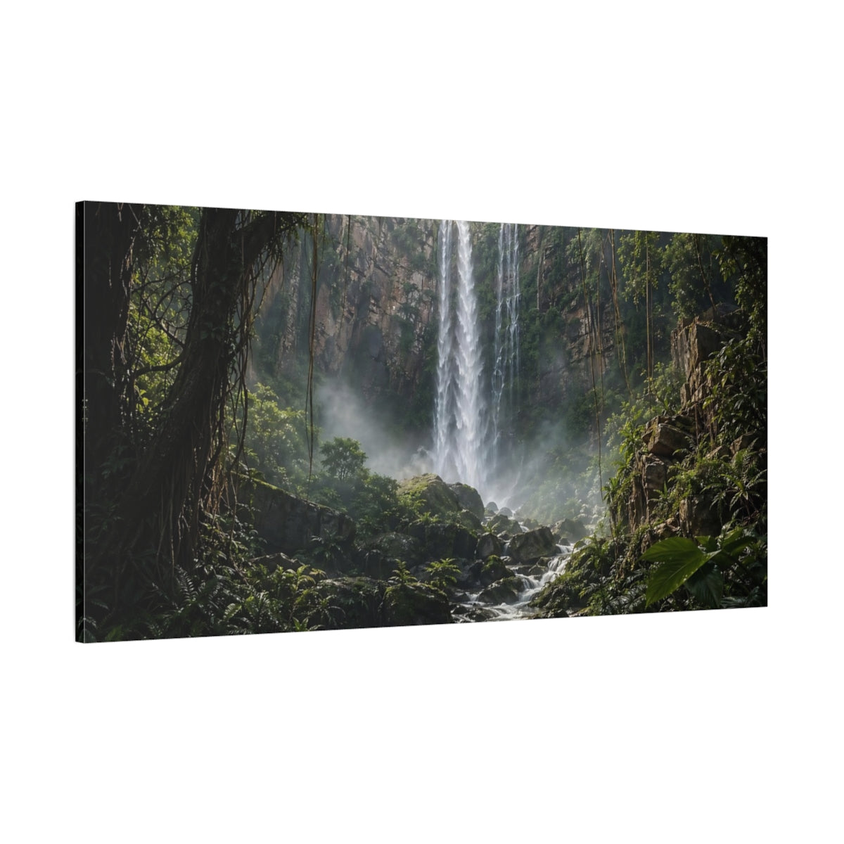 Side Mockup 2. Nature Waterfall Green Waterfall shown as stretched canvas wall art