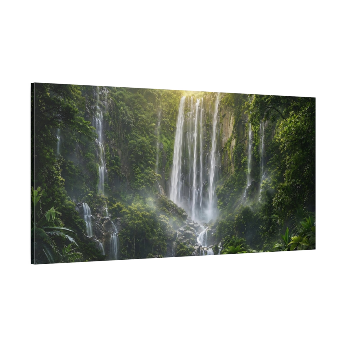 Side Mockup 2. Nature Waterfall Green Waterfall shown as stretched canvas wall art