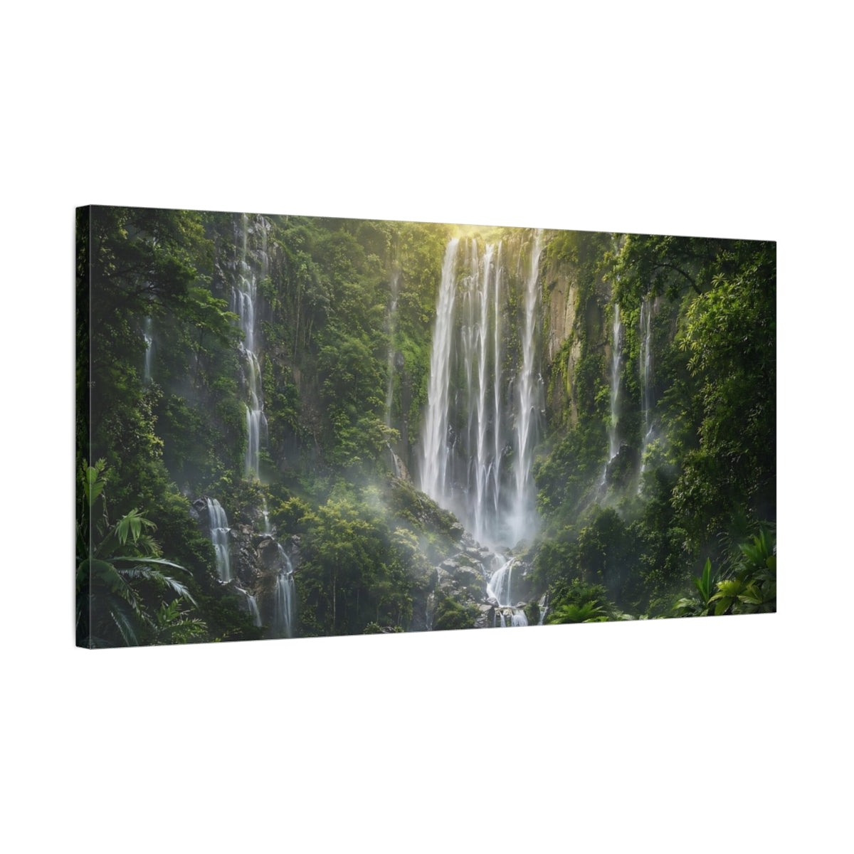 Side Mockup 1. Nature Waterfall Green Waterfall shown as stretched canvas wall art