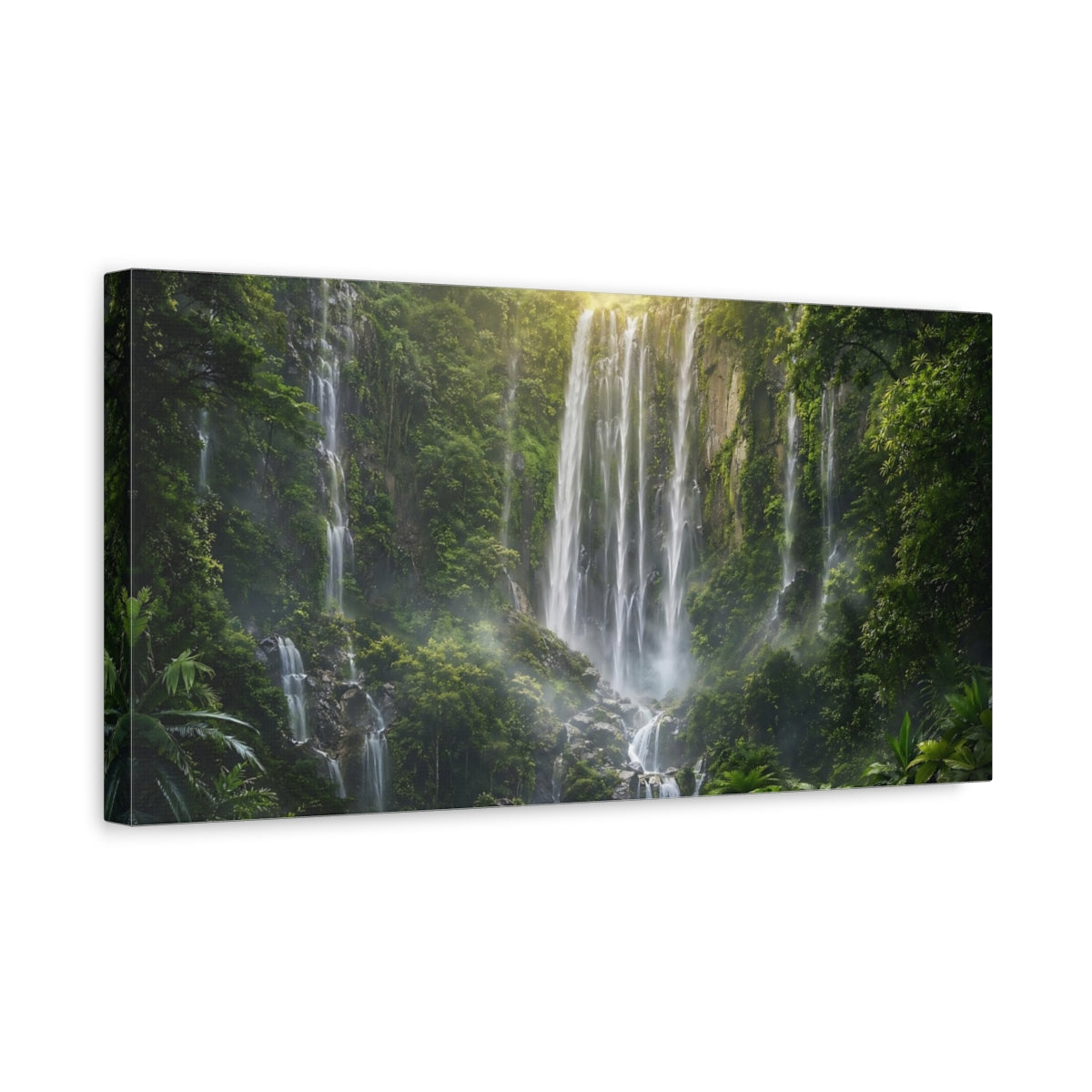 Side Mockup 3. Nature Waterfall Green Waterfall shown as stretched canvas wall art
