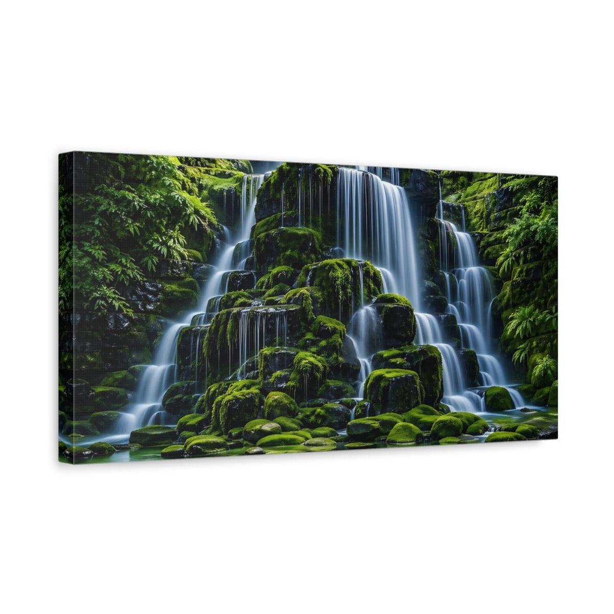 Side Mockup 3. Nature Waterfall Green Waterfall shown as stretched canvas wall art