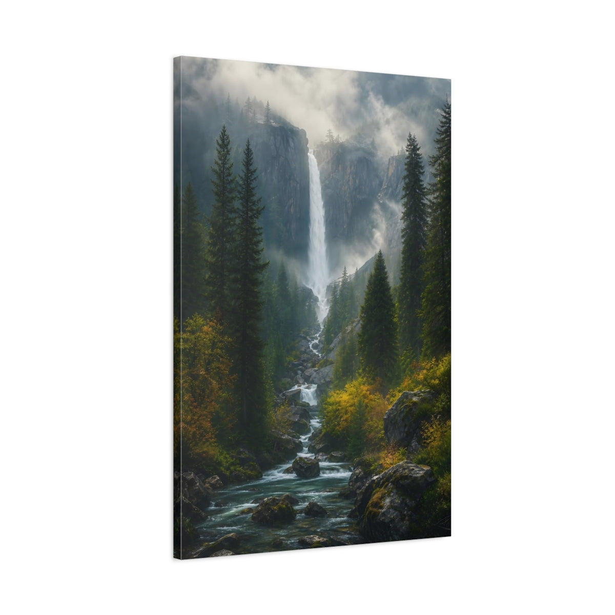 Main Mockup. Nature Waterfall Green Forest Waterfall shown as stretched canvas wall art