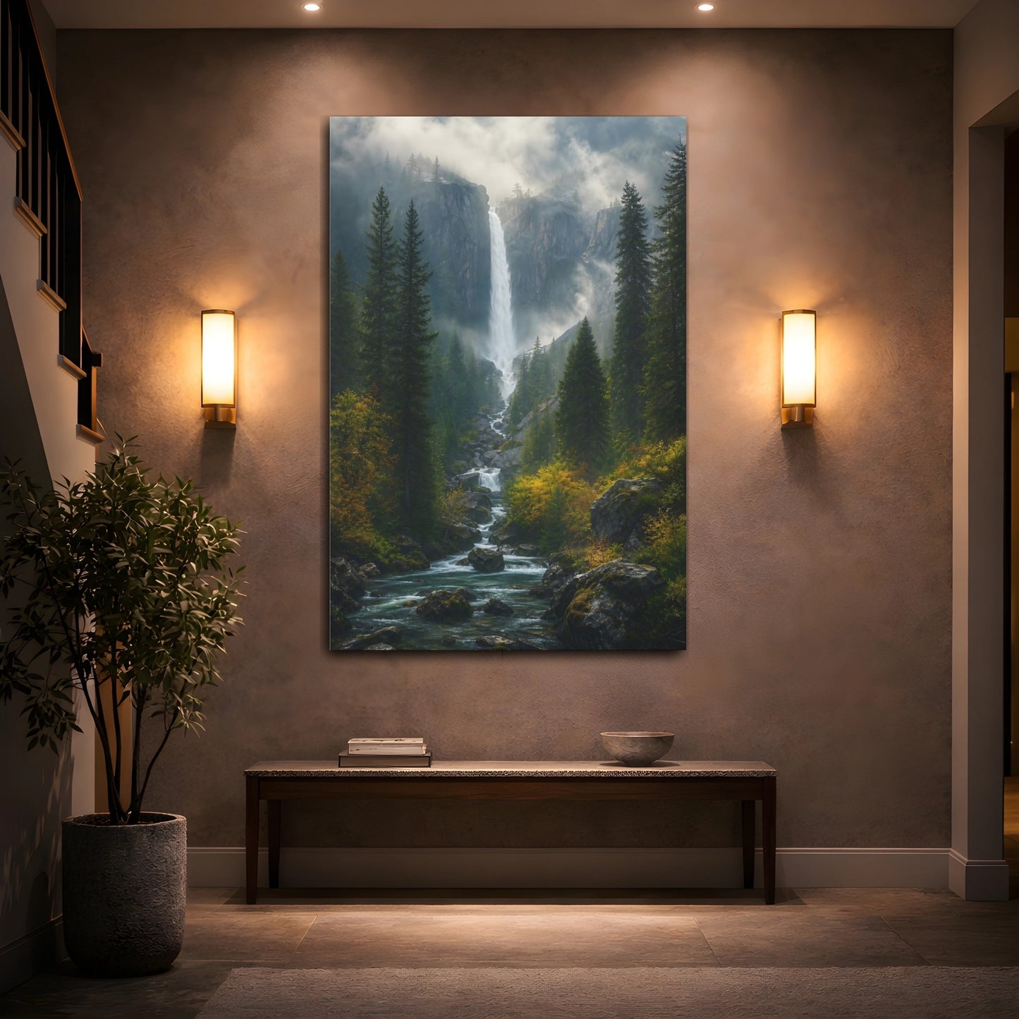 Mockup 2. Nature Waterfall Green Forest Waterfall shown as stretched canvas wall art