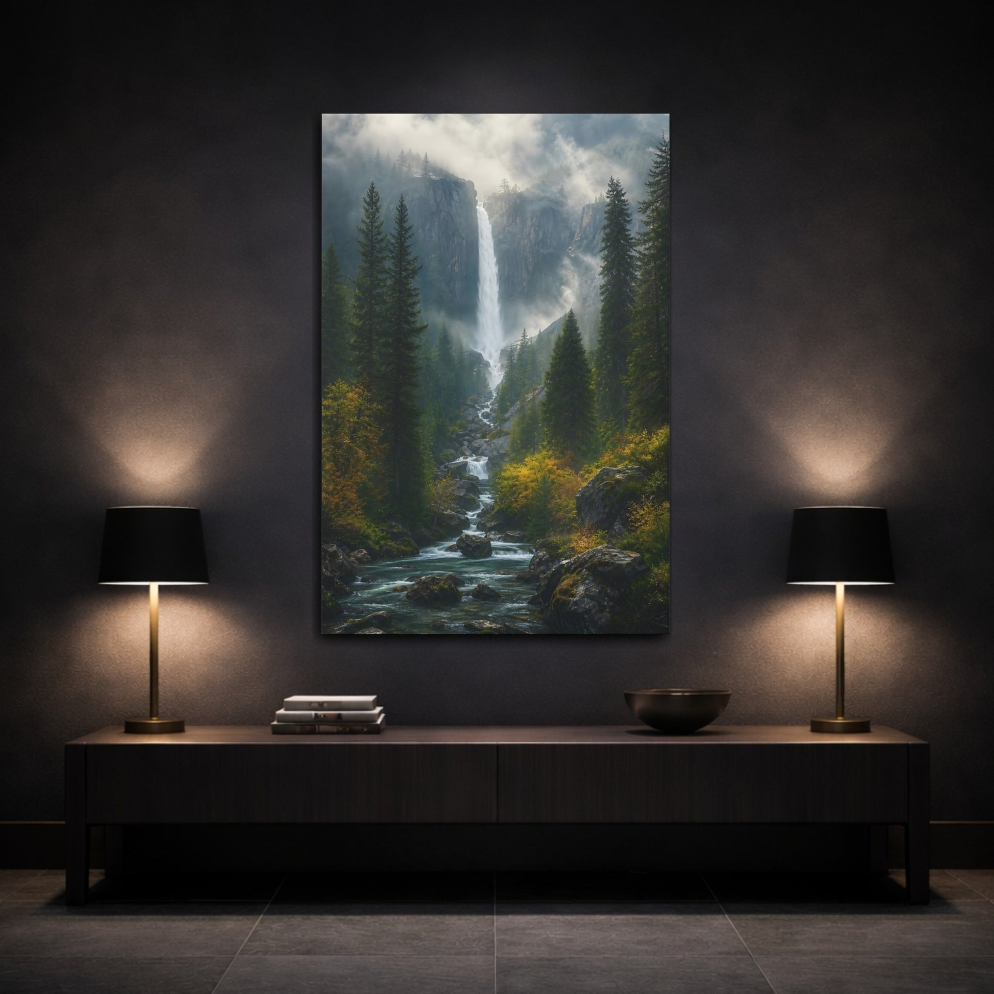 Mockup 3. Nature Waterfall Green Forest Waterfall shown as stretched canvas wall art