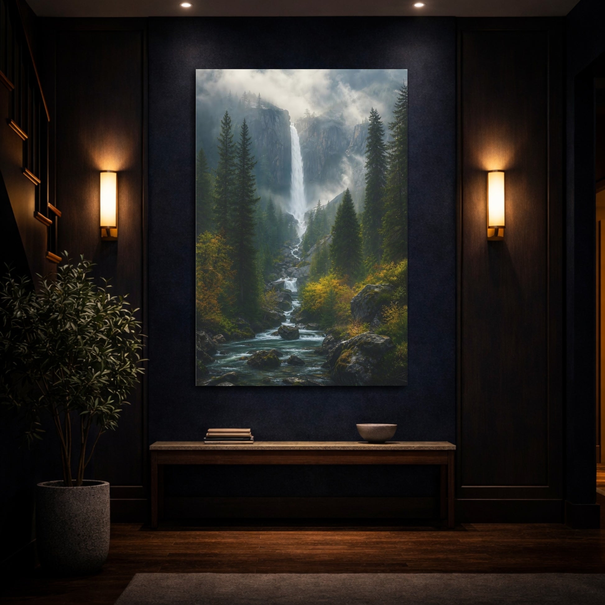 Mockup 4. Nature Waterfall Green Forest Waterfall shown as stretched canvas wall art