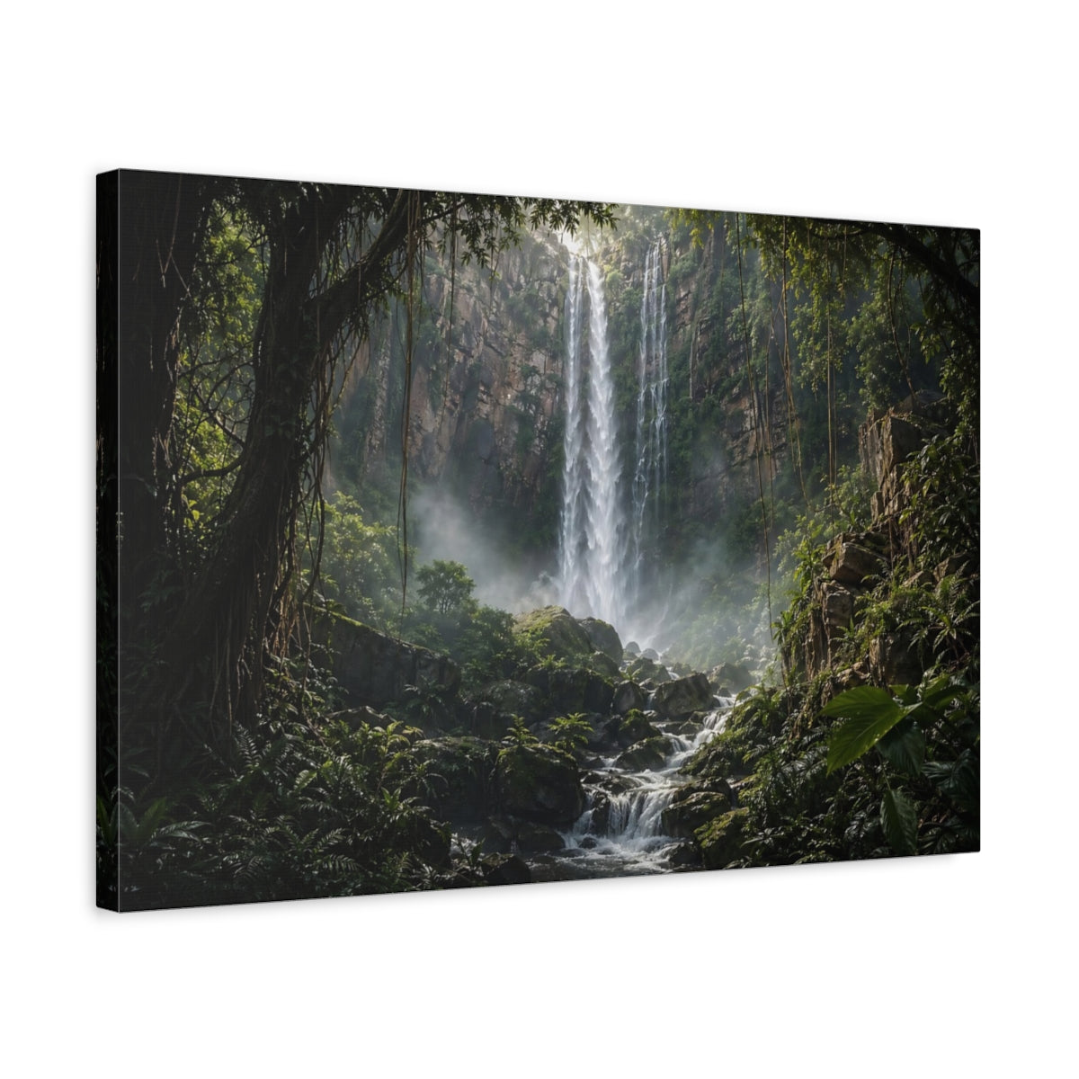 Side Mockup 3. Nature Waterfall Green Waterfall Jungle shown as stretched canvas wall art