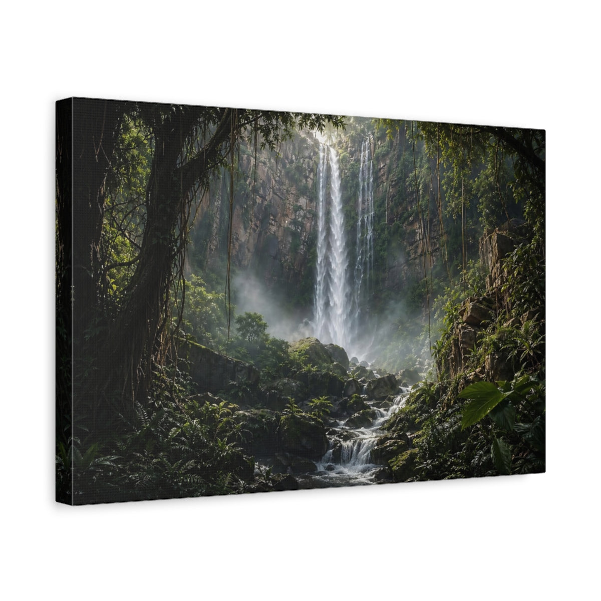 Side Mockup 4. Nature Waterfall Green Waterfall Jungle shown as stretched canvas wall art