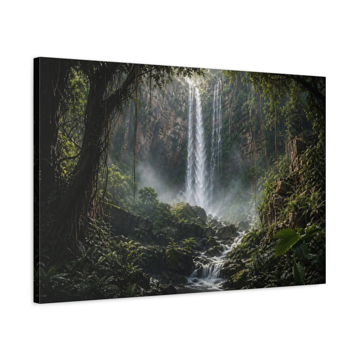 Side Mockup 2. Nature Waterfall Green Waterfall Jungle shown as stretched canvas wall art