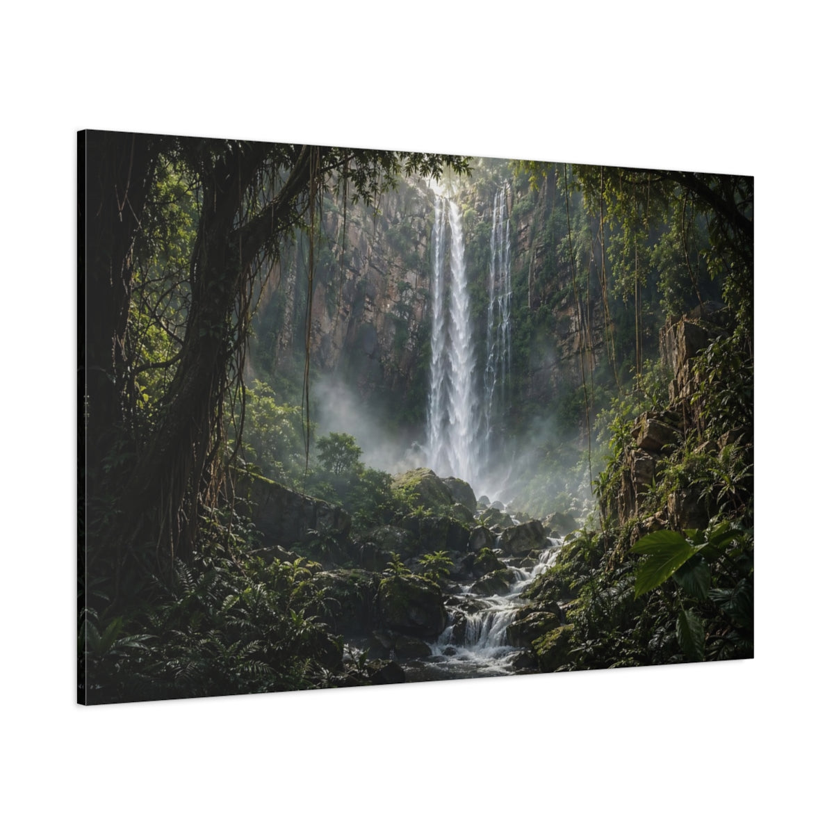 Side Mockup 1. Nature Waterfall Green Waterfall Jungle shown as stretched canvas wall art