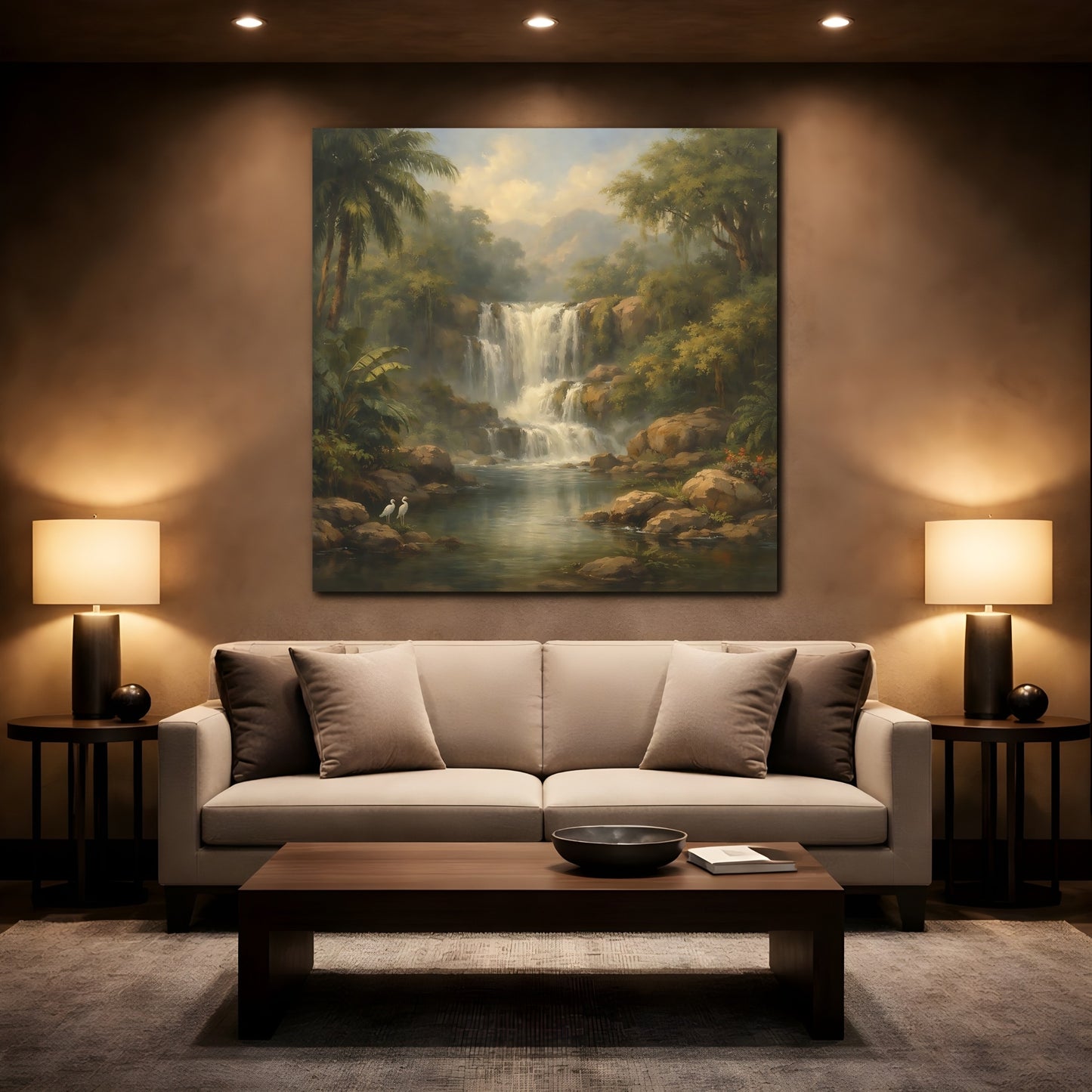 Mockup 2. Nature Waterfall Green Jungle Waterfall shown as stretched canvas wall art